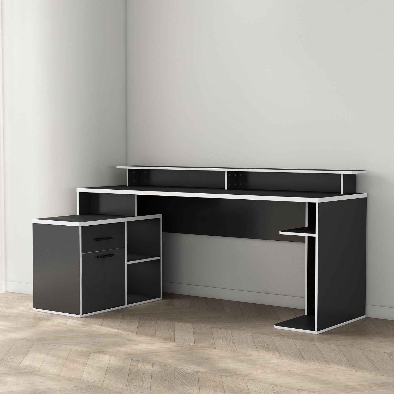 GOODproduct Gamingtisch »Game, Computertisch, Eckschreibtisch« , Towerfach, Kabeldurchlass, Monitoraufsatz, Stauraum, Masse 180x102 cm