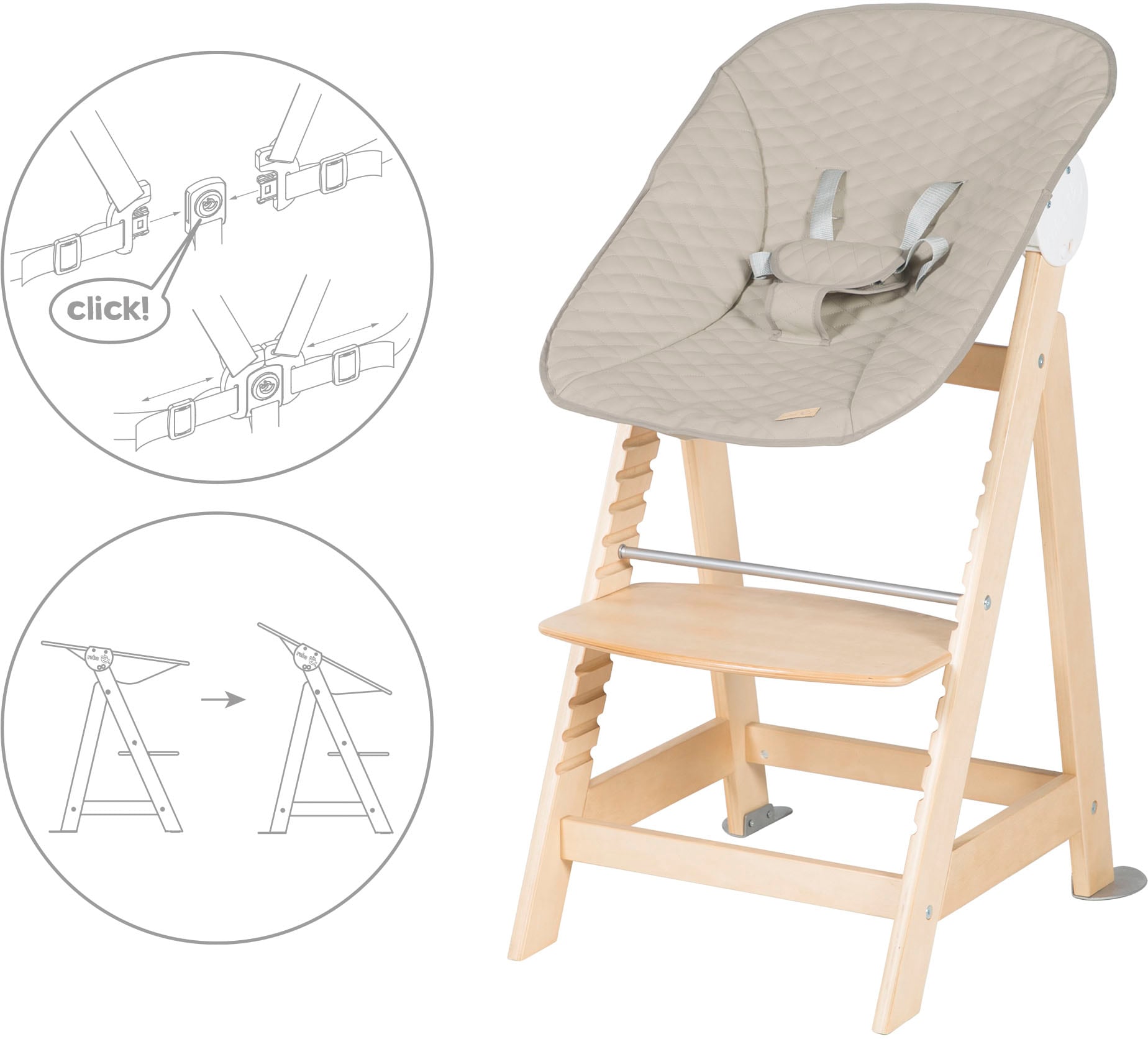 roba® Hochstuhl »Born Up, natur, mit Neugeborenen-Aufsatz, greyish gesteppt«, (Set)