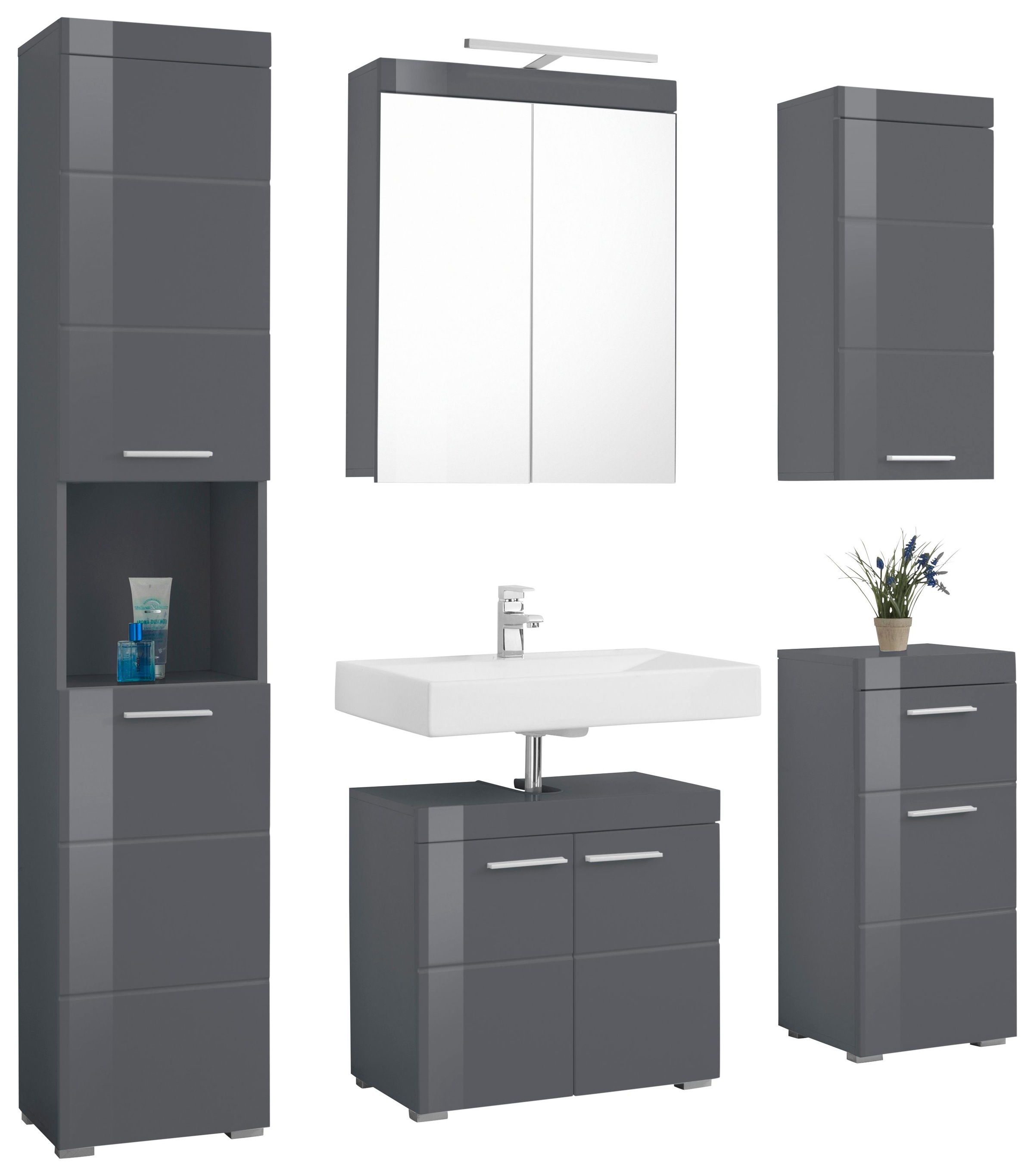 Image of trendteam Badmöbel-Set »Amanda«, (Set, 5 St.), mit Spiegelschrank inkl. LED-Beleuchtung, Hoch-, Waschbeckenunter-, Hänge- und Unterschrank, wechselbare Türanschläge, MDF-Fronten in Hochglanz- oder Holzoptik bei Ackermann Versand Schweiz