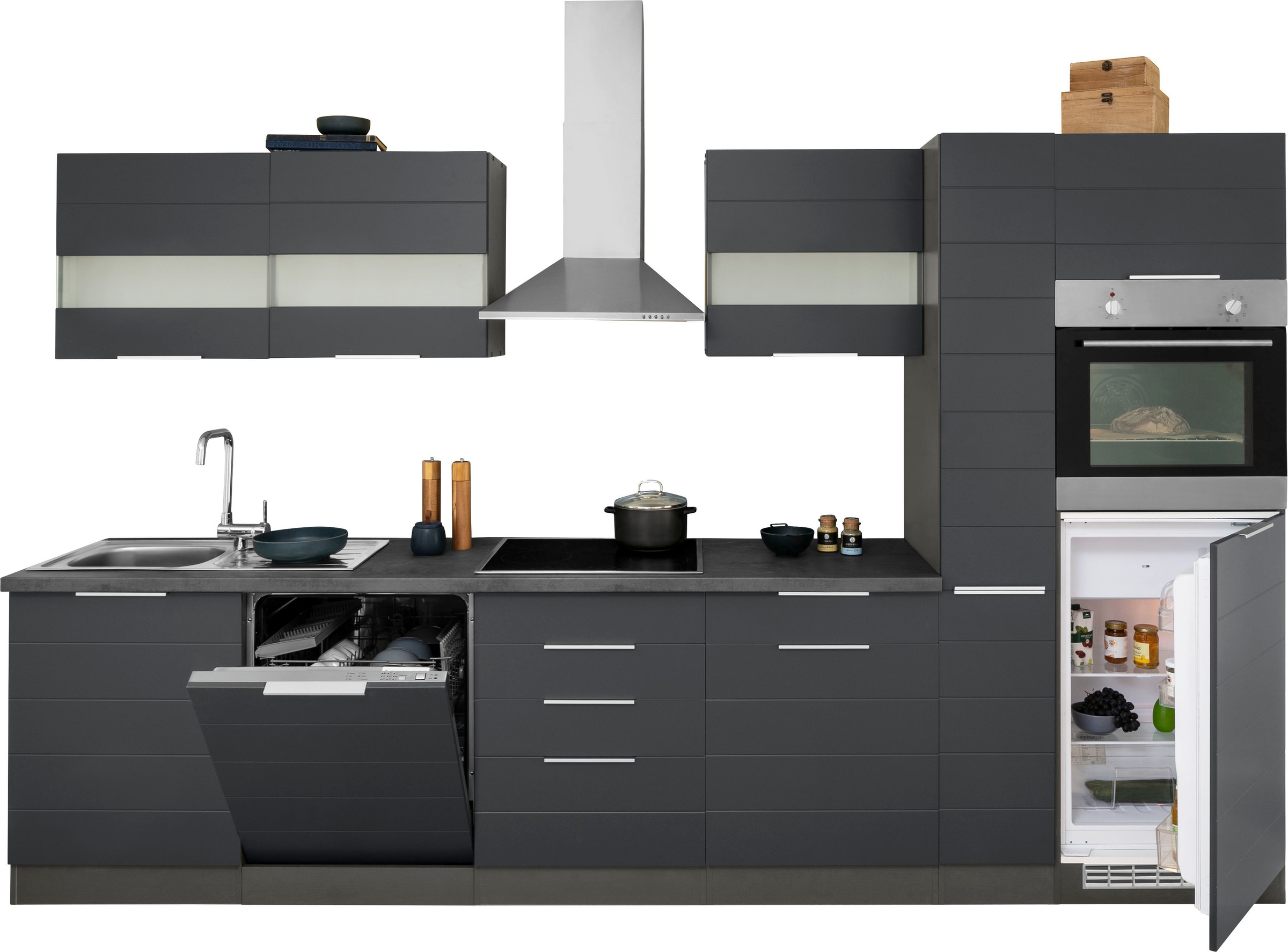 KOCHSTATION Küchenzeile "KS-Luhe" 330 cm breit, wahlweise mit oder ohne E-Geräten, gefräste MDF-Fronten