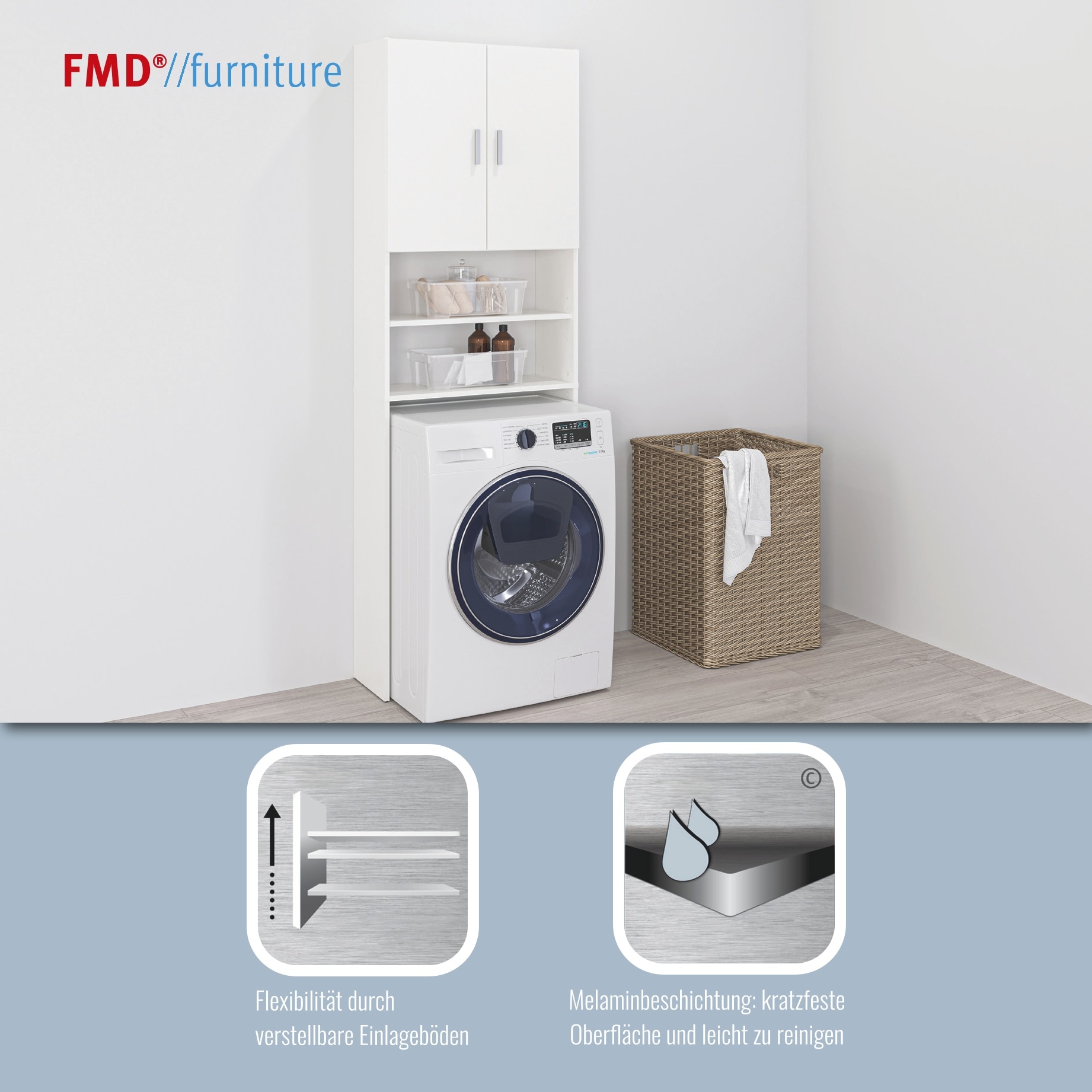 FMD Armoire pour machine à laver »Olbia« mit viel Stauraum, 2 offene Fächer, höhenverstellbare Einlegeböden