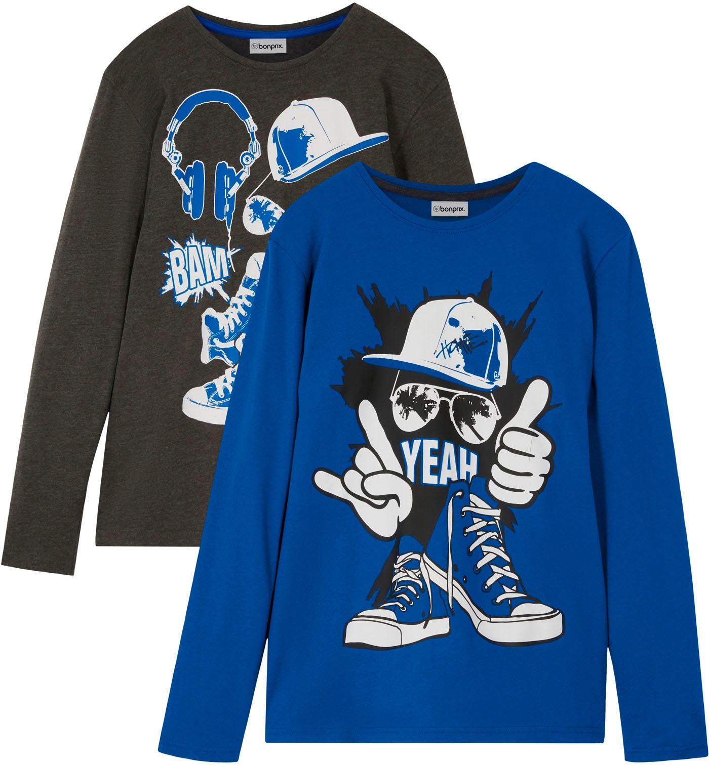 Image of bonprix Langarmshirt Packung, 2 tlg. bequeme Passform, mit grossflächigem Print, für Schule und Freizeit