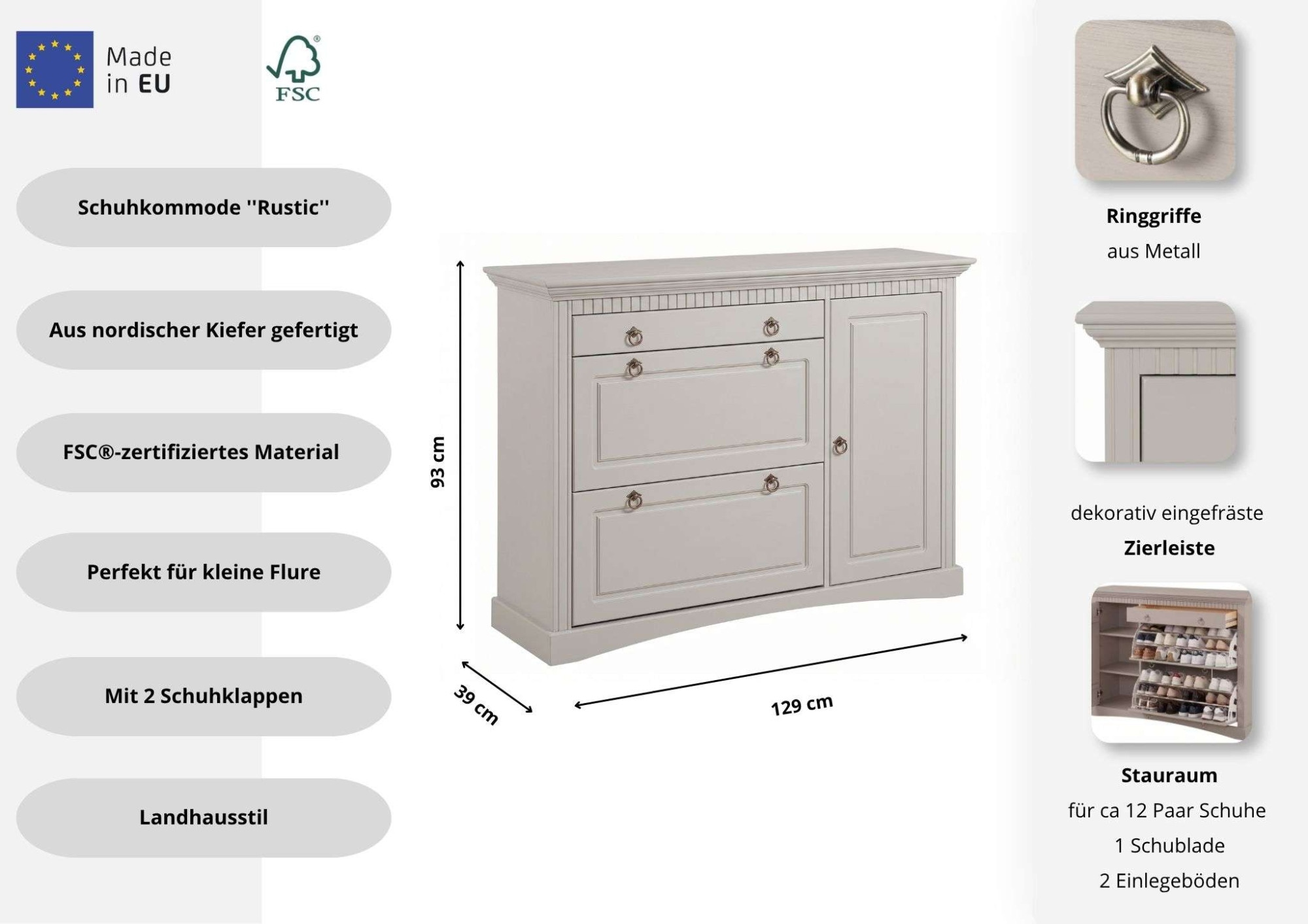 GOODproduct Commode à chaussures »Rustic« ,  en pin massif, largeur 130 cm, pour environ 2 x 12 paires de chaussures