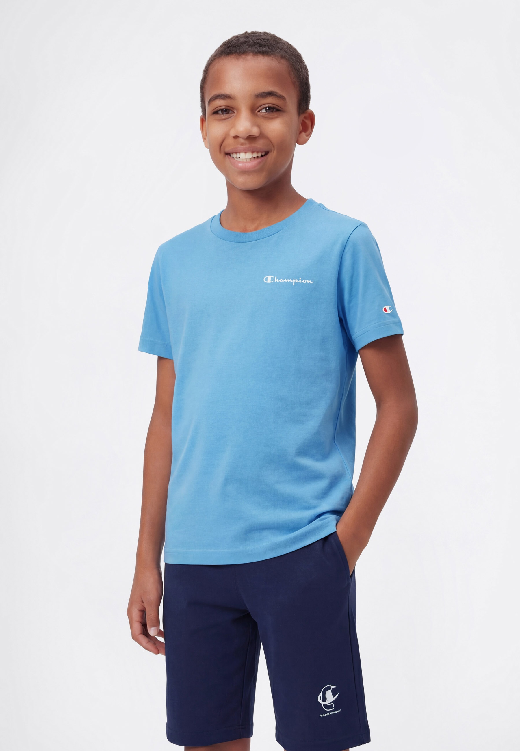 Image of Champion "ICONS CONTRAST Crewneck T-Shirt" mit Rundhalsausschnitt, Kurzarm, aus Baumwolle, klassischer Schnitt