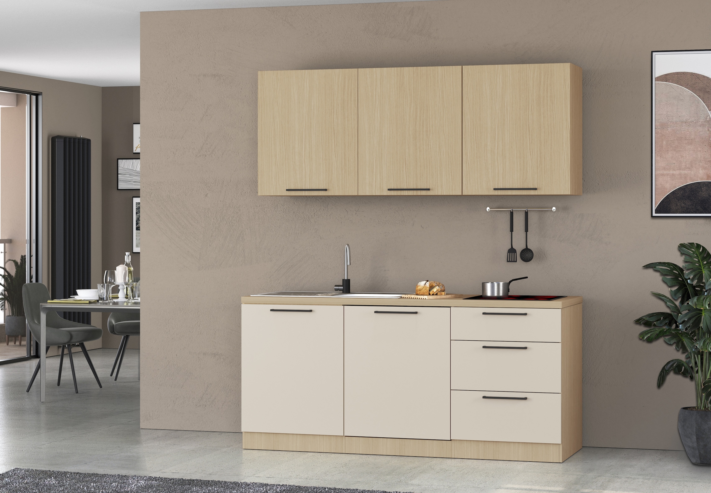 KOCHSTATION Kitchenette »Luna, Küchenzeile mit Spüle + Siphon, ohne E-Geräte« Breite 182 cm,Türen mit Soft-Close Funktion, Metalgriffe,Made in Italy