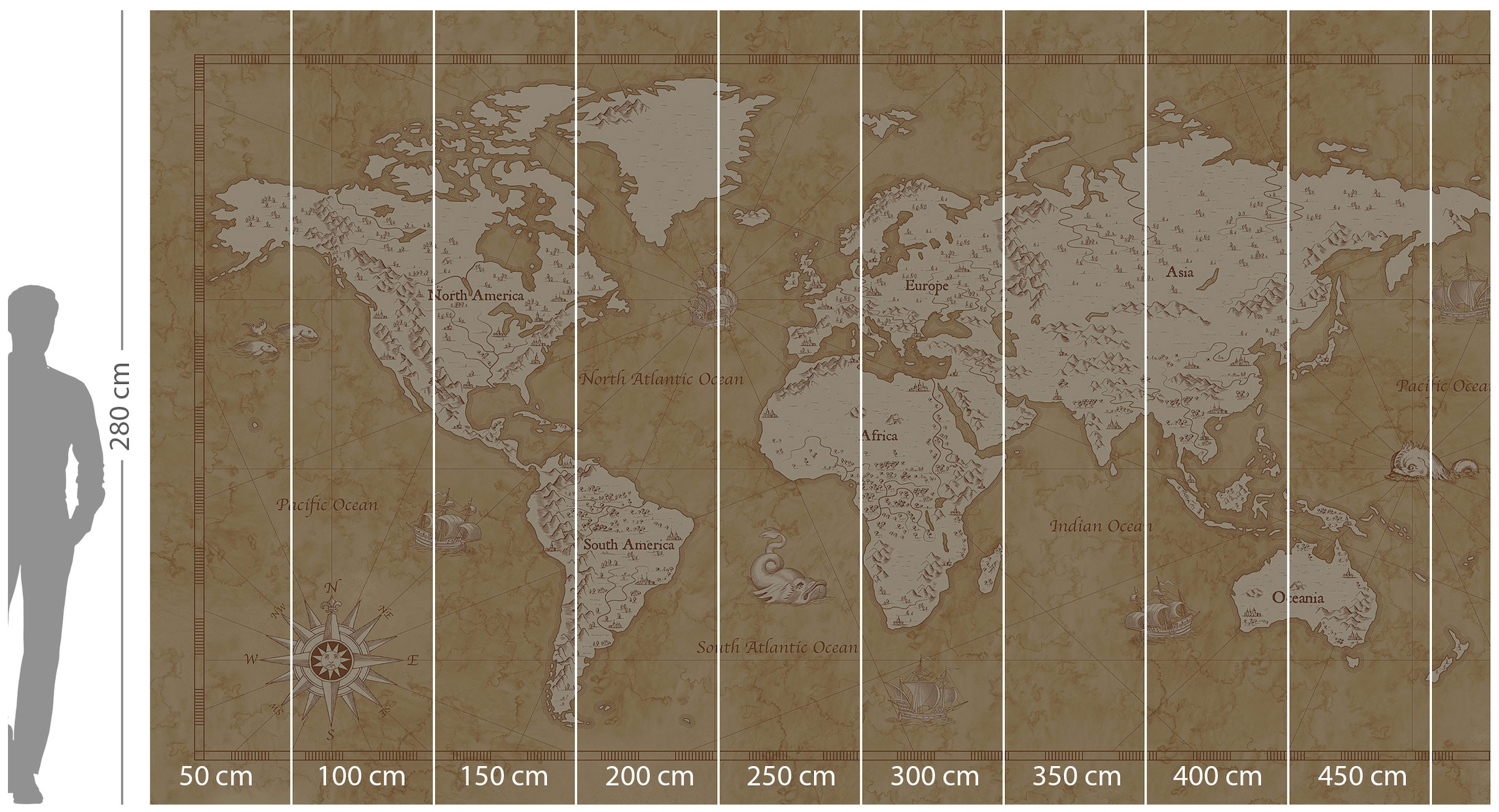 Komar Vliestapete »Digitaldruck Vlies - Vintage World Map - Grösse 500 x 280 cm«, bedruckt, Kinderzimmer