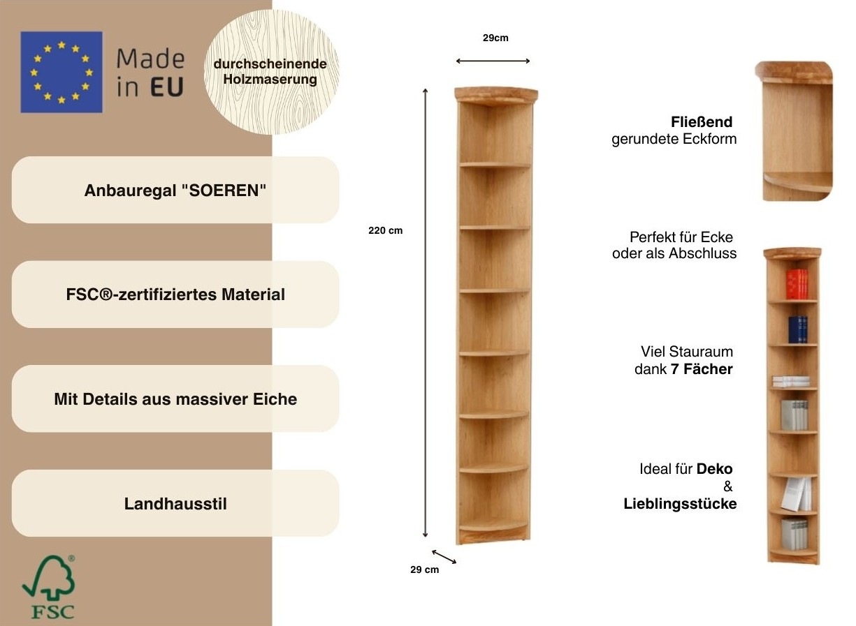 GOODproduct Anbauregal »Soeren Abschlussregal Eiche Höhe 220 cm« Regal Höhe 220 cm, passend für Tiefe 29 cm,  FSC®-zertifiziert