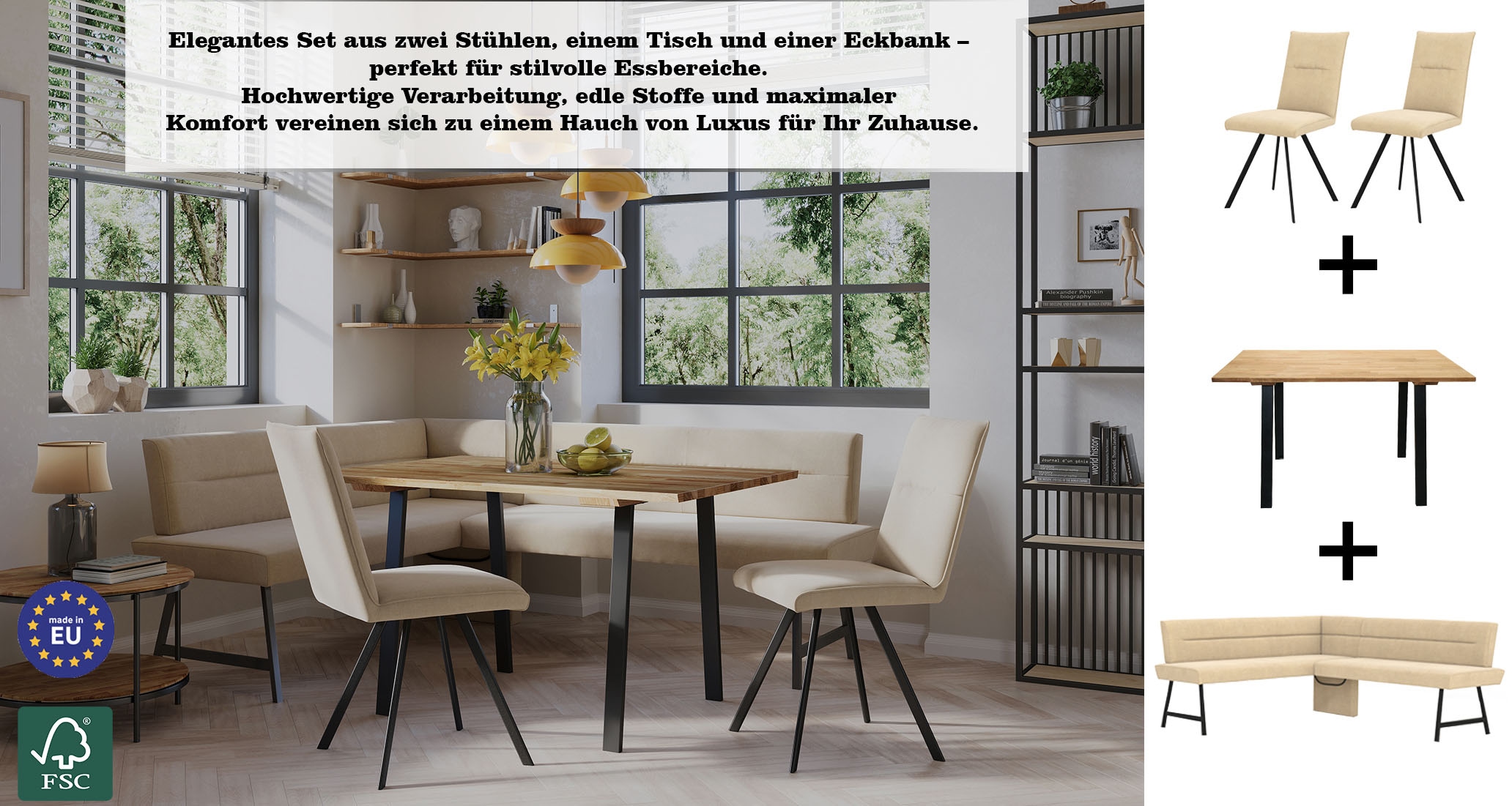 GOODproduct Eckbankgruppe »Sava« Set, 4 Stk. tlg. Eckbank mit Wellenfederung im Sitz, Tisch Massiv Eiche