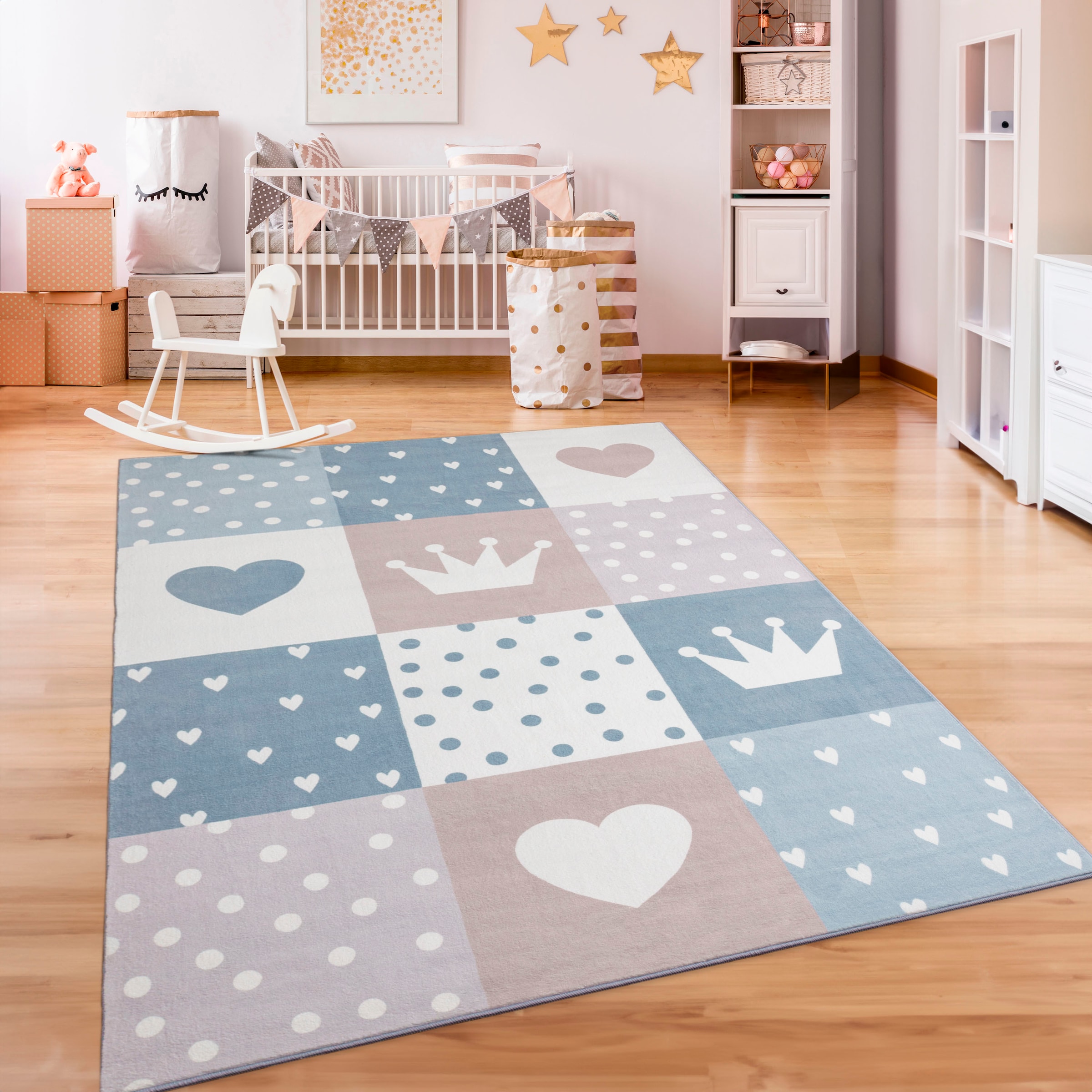 Image of Paco Home Kinderteppich "Eliz 391" rechteckig 12 mm Höhe Kurzflor, Spielteppich, Patchwork-Muster, Motiv Krone, Herz & Punkte