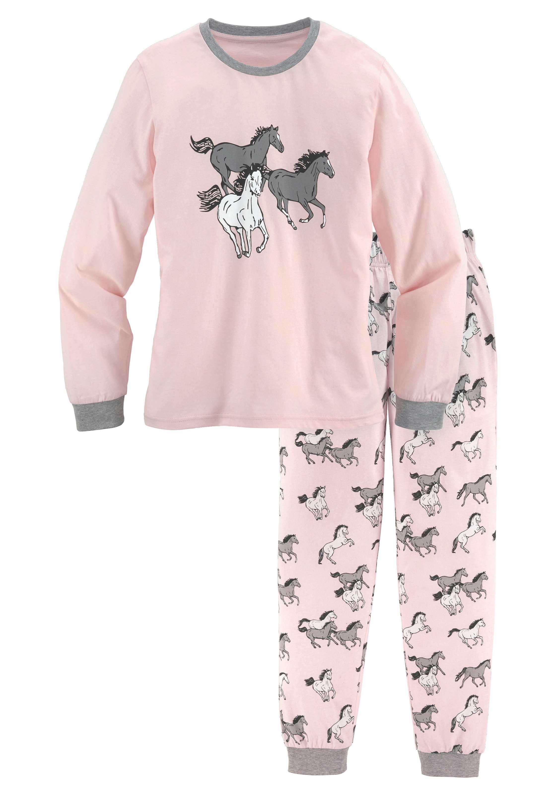 Image of petite fleur by Lascana Pyjama 2 tlg. langer Schlafanzug mit Pferdedruck, Rundhals-Ausschnitt, aus Baumwolle