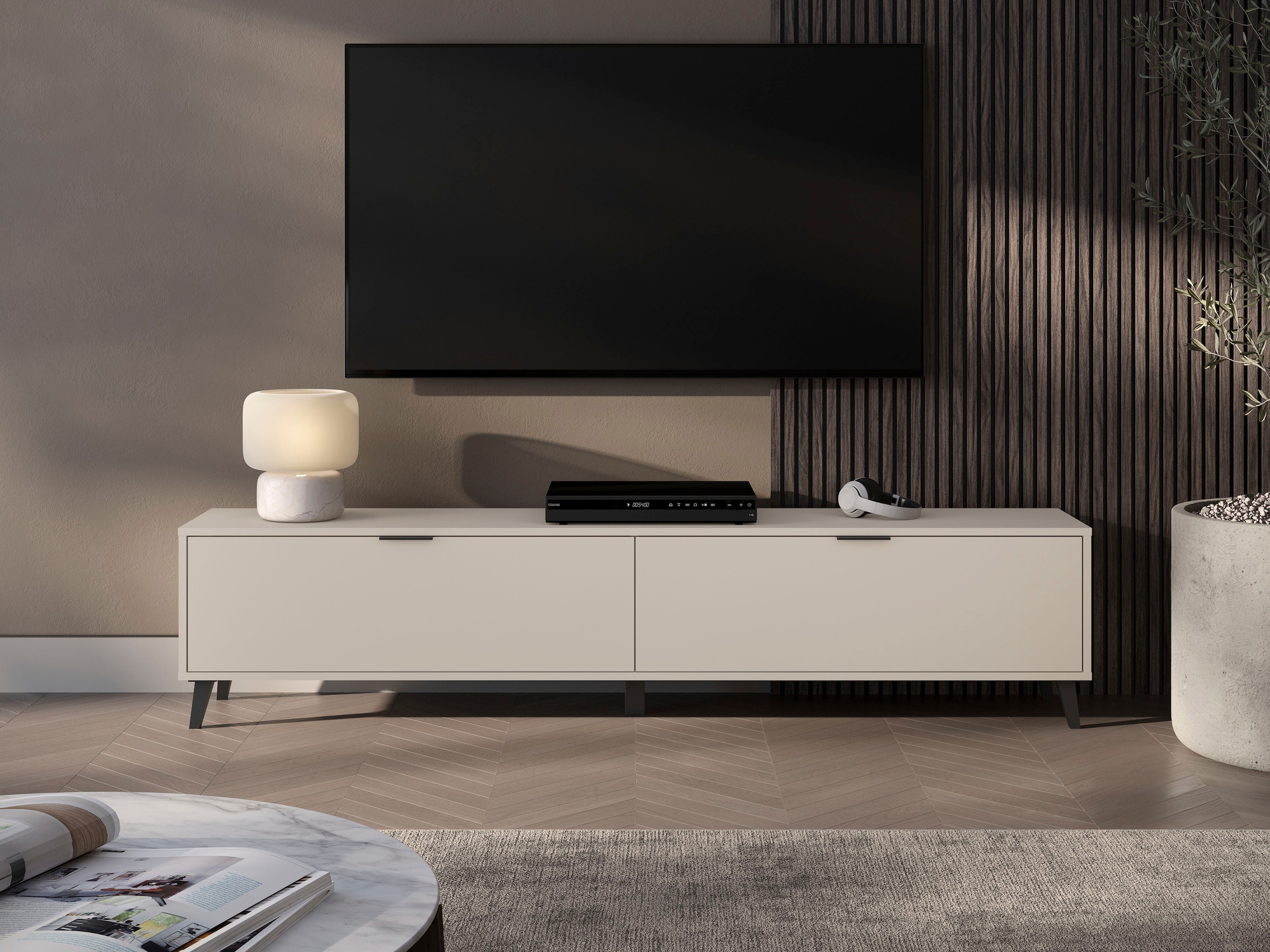 GOODproduct Table basse »Oslo, B/H/T: 180/40/33 cm« 2 rabats, poignées métalliques noires, pieds noirs