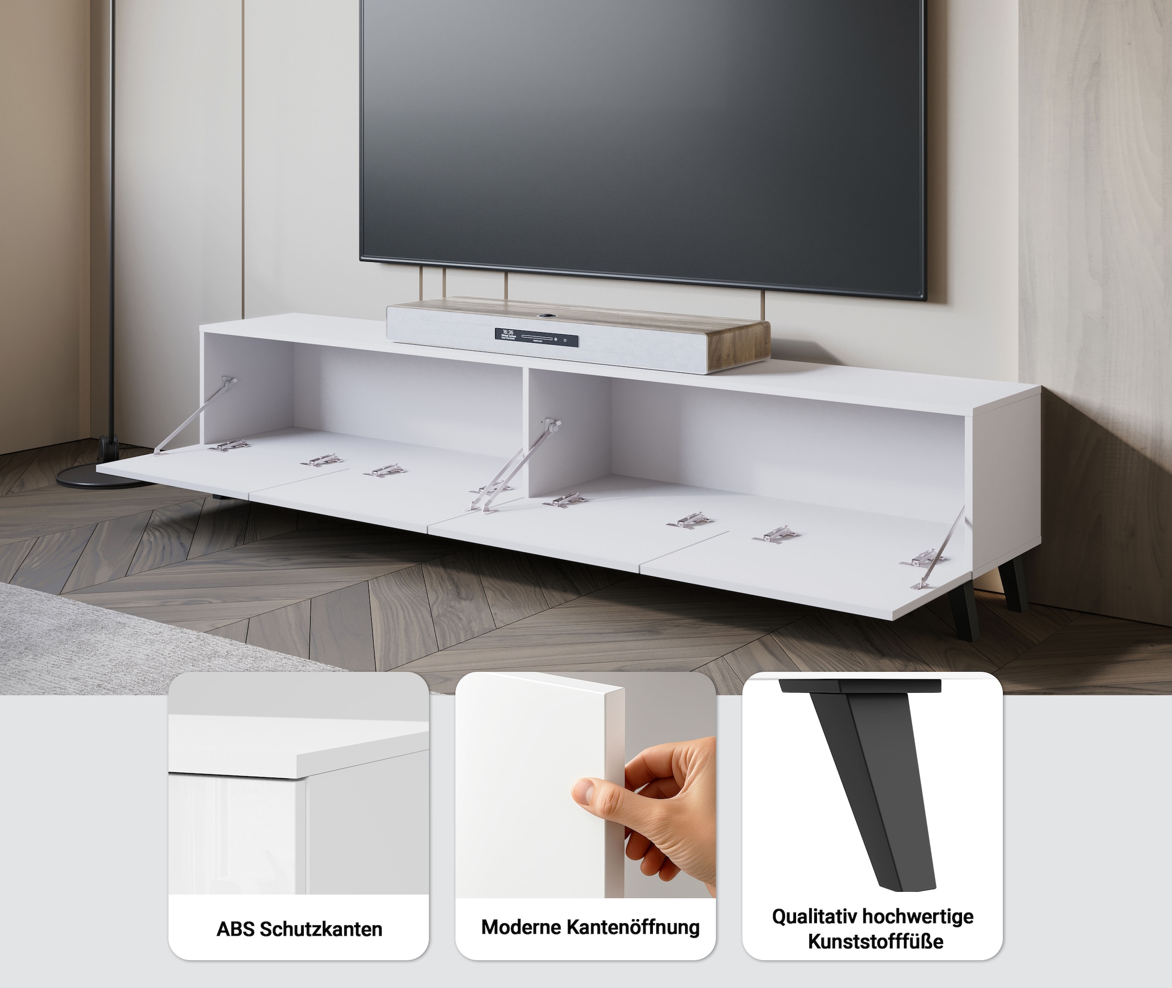 Home affaire Table basse »LOWBOARD PHUKET II,  TV-Kommode Breite 190cm« 1 cuis tlg. design moderne sans poignée avec 4 rabats en couleurs élégantes et mates