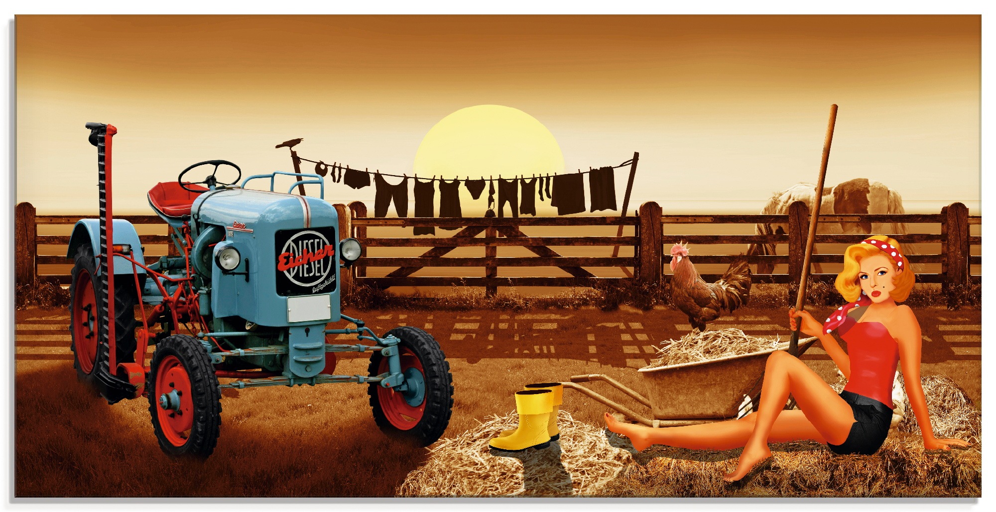 Image of Artland Glasbild »Pin Up Girl mit Traktor auf Bauernhof«, Traktoren, (1 St.) bei Ackermann Versand Schweiz