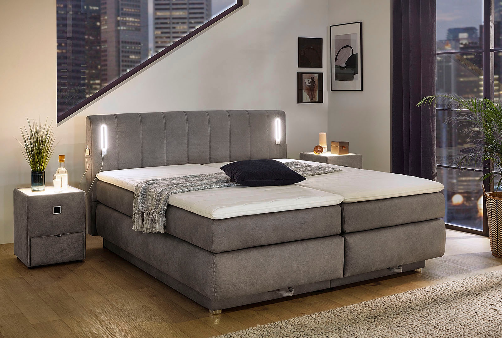Jockenhöfer Gruppe Boxspringbett »KATI mit Stauraum, inkl. Bonnellmatratze H2/H3« Höhenverstellbares Kopfteil mit LED´s, USB- Ladeports 180 cm x 200 cm