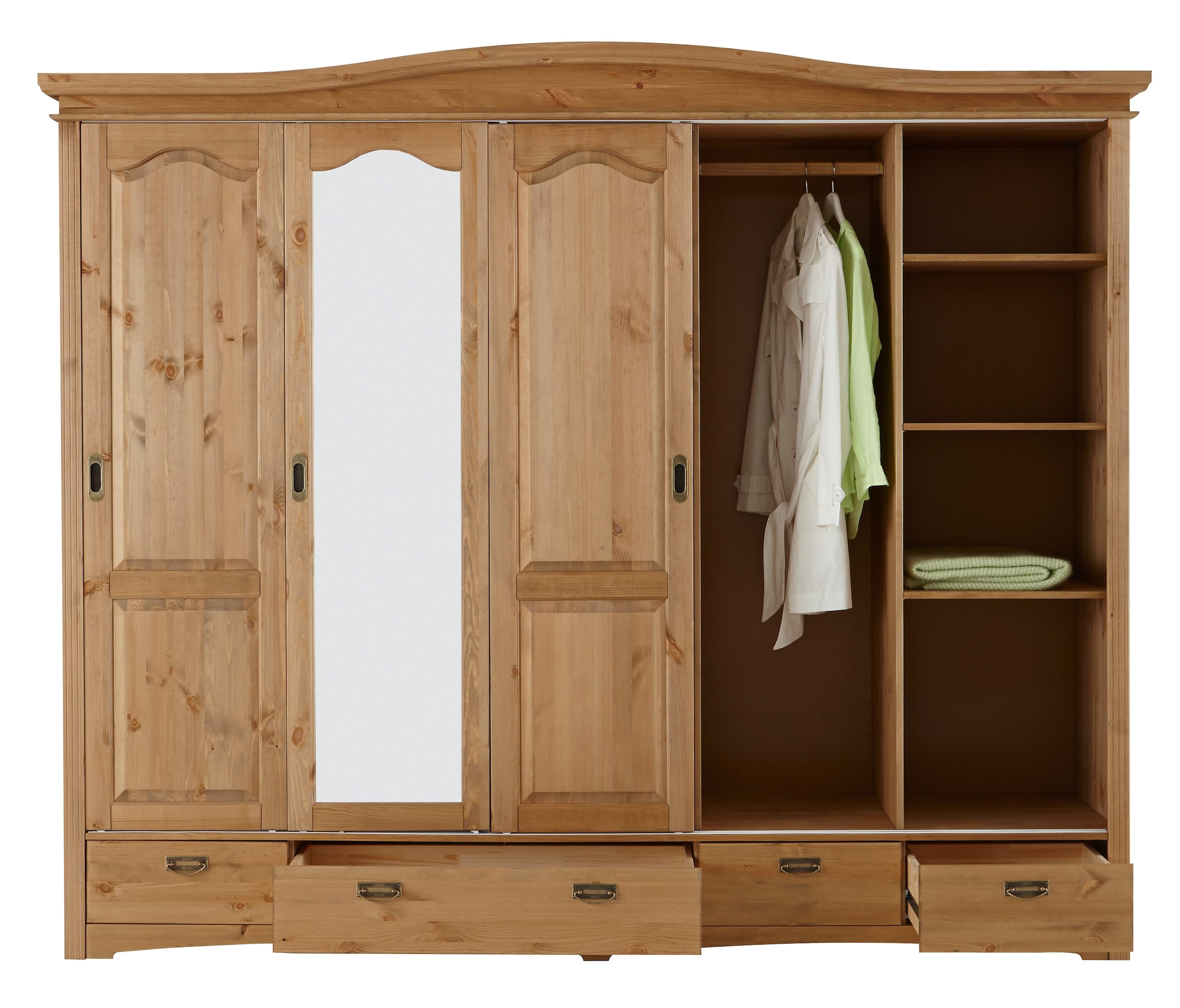 GOODproduct Schiebetürenschrank »Konrad, Landhausstil, rustikal, mit Schubladen + Spiegel, Kassetten« massive Kiefer, FSC®-zertifiziert, Messinggriffe