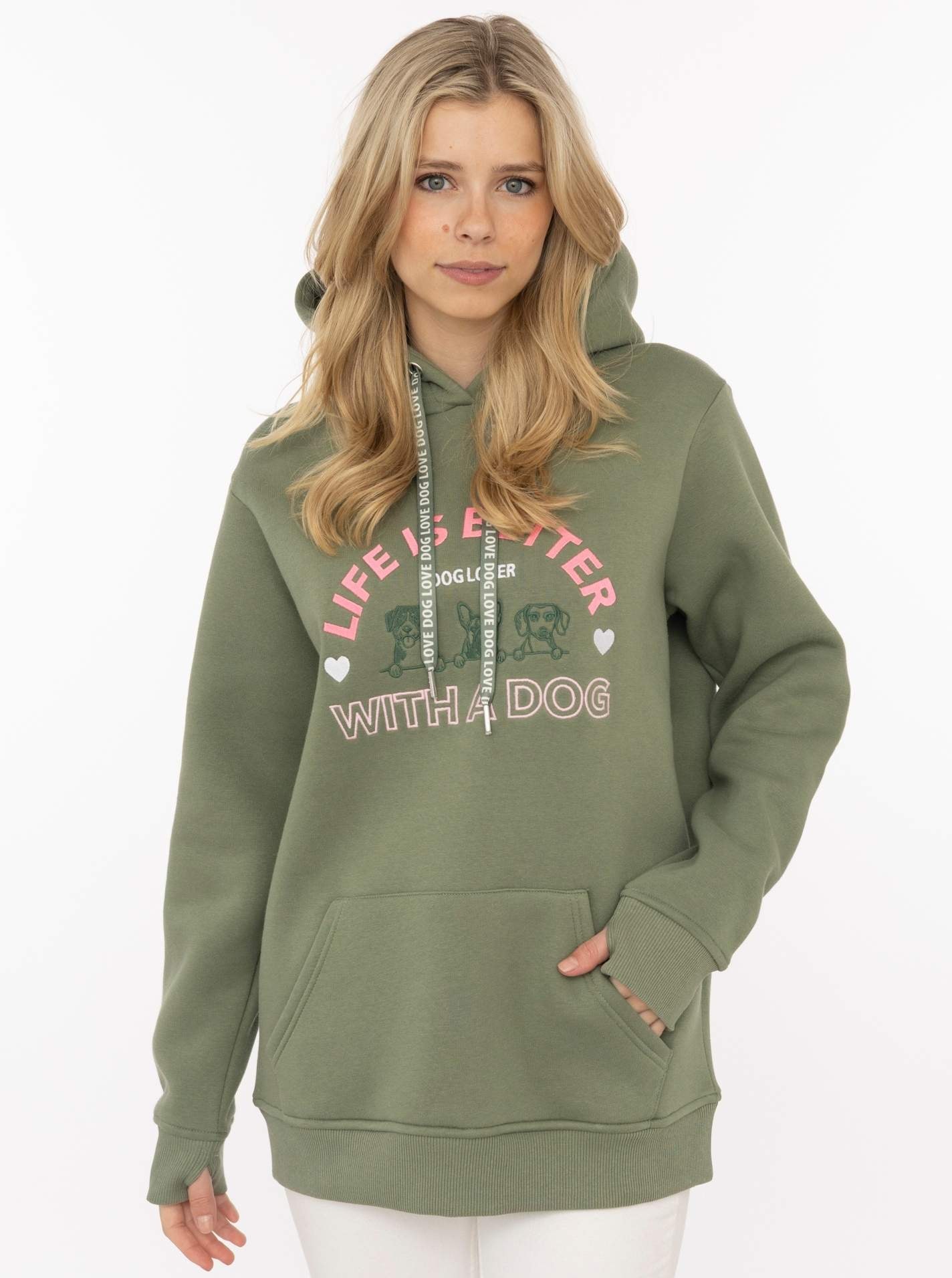 Image of Zwillingsherz Hoodie ""Better with a Dog"", gestickte Hunde und Slogan, Kapuze mit Kordel, Kängurutasche