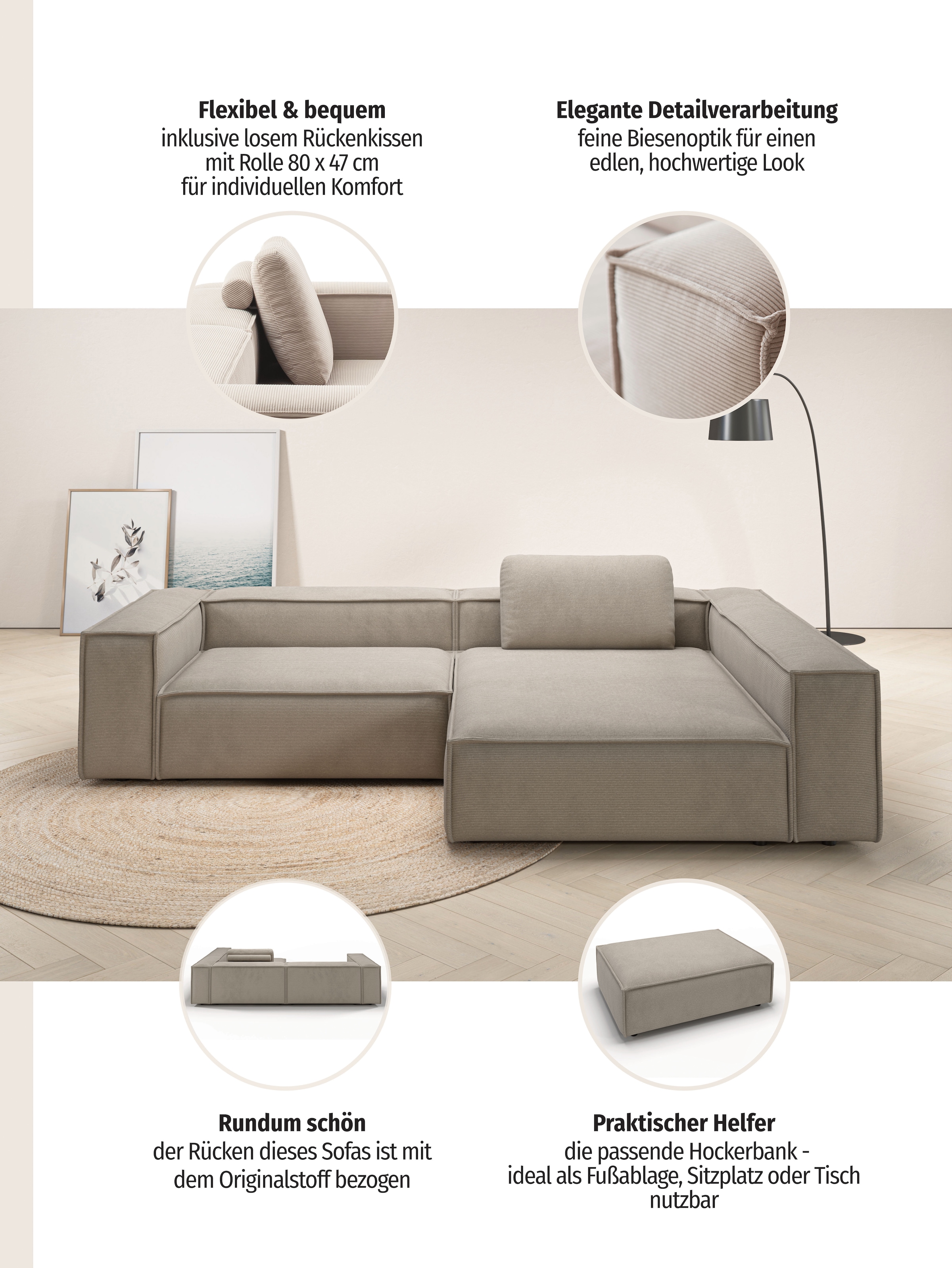 Home affaire Ecksofa »Watertown, moderne XXL L-Form, 306 cm breit, Japandi Design« Komfortabel mit tiefer Sitzfläche – ideal für grosse Wohnräume