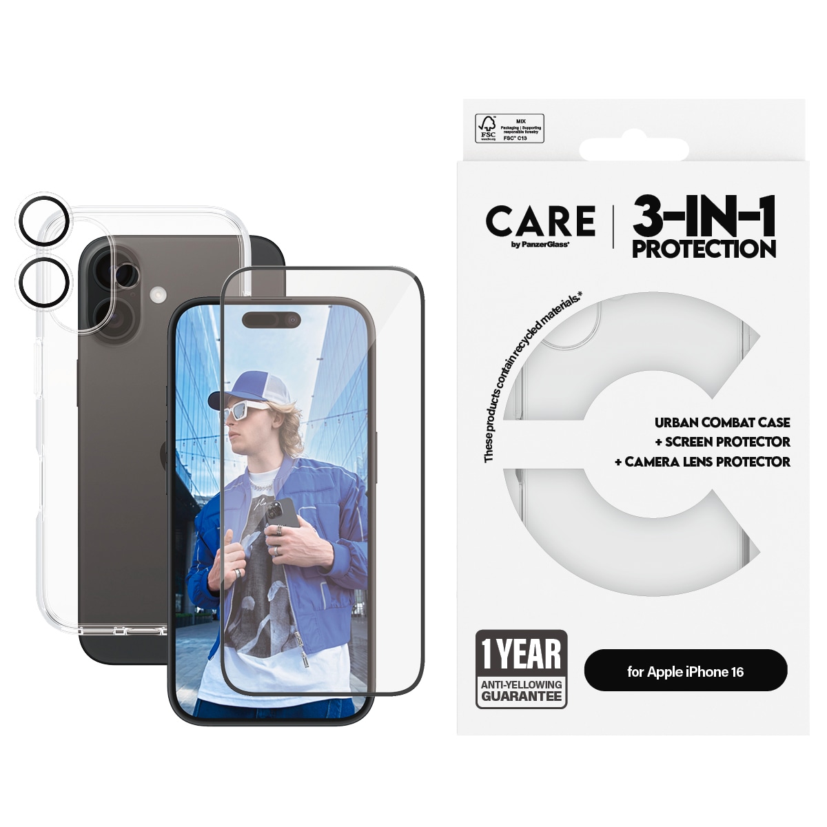 Image of CARE by PanzerGlass Displayschutzglas "3-in-1 Protection, Glass, Case, Lenscover" für Apple iPhone 16 Displayschutzfolie, Schutzfolie, Bildschirmschutz, kratz- & stossfest
