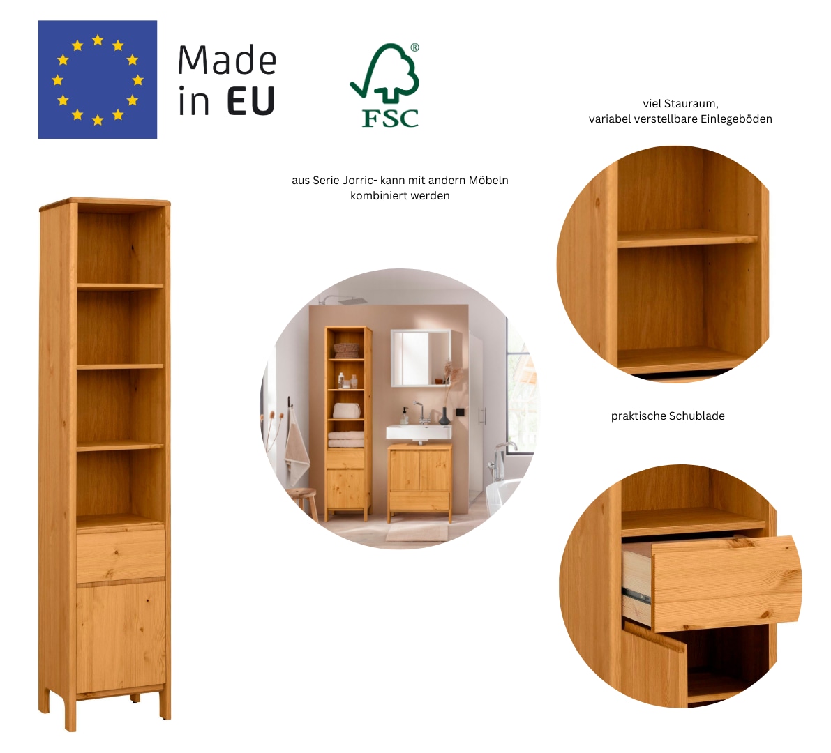 GOODproduct Hochschrank »Jorrick«, Breite 40 cm, Massivholz Kiefer mit Bio Öl/Wachs behandelt