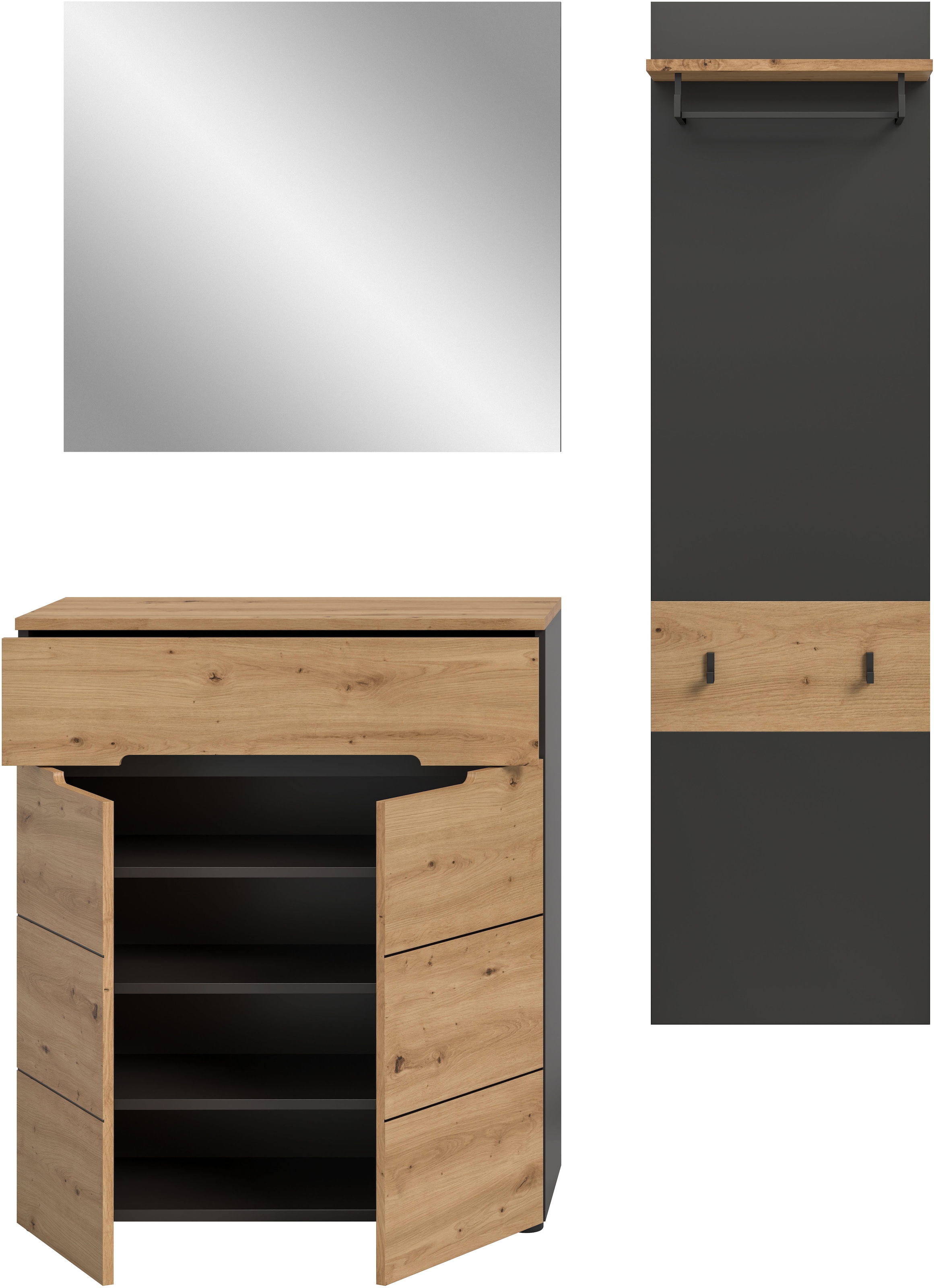Home affaire Garderoben-Set »REHAT, TOPSELLER!, 3-teilig, Breite 140 cm, individuell erweiterbar« Set, bestehend aus: Kommode, Spiegel und Garderobenpaneel, 3 Stk. tlg.