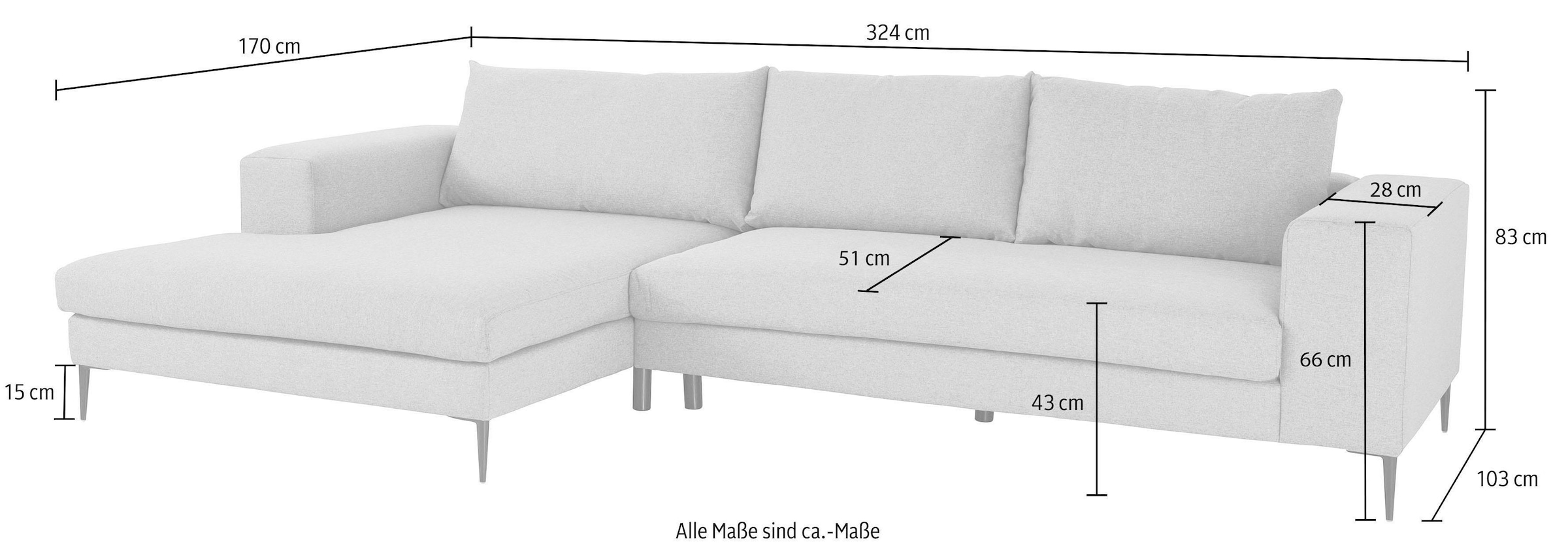 Home affaire Ecksofa »Aurora, L-Form, mit extra breiter Recamiere, 324 x 170 cm (BxT)« Designsofa mit tollem Sitzkomfort, extra hohe Metallfüsse schwarz