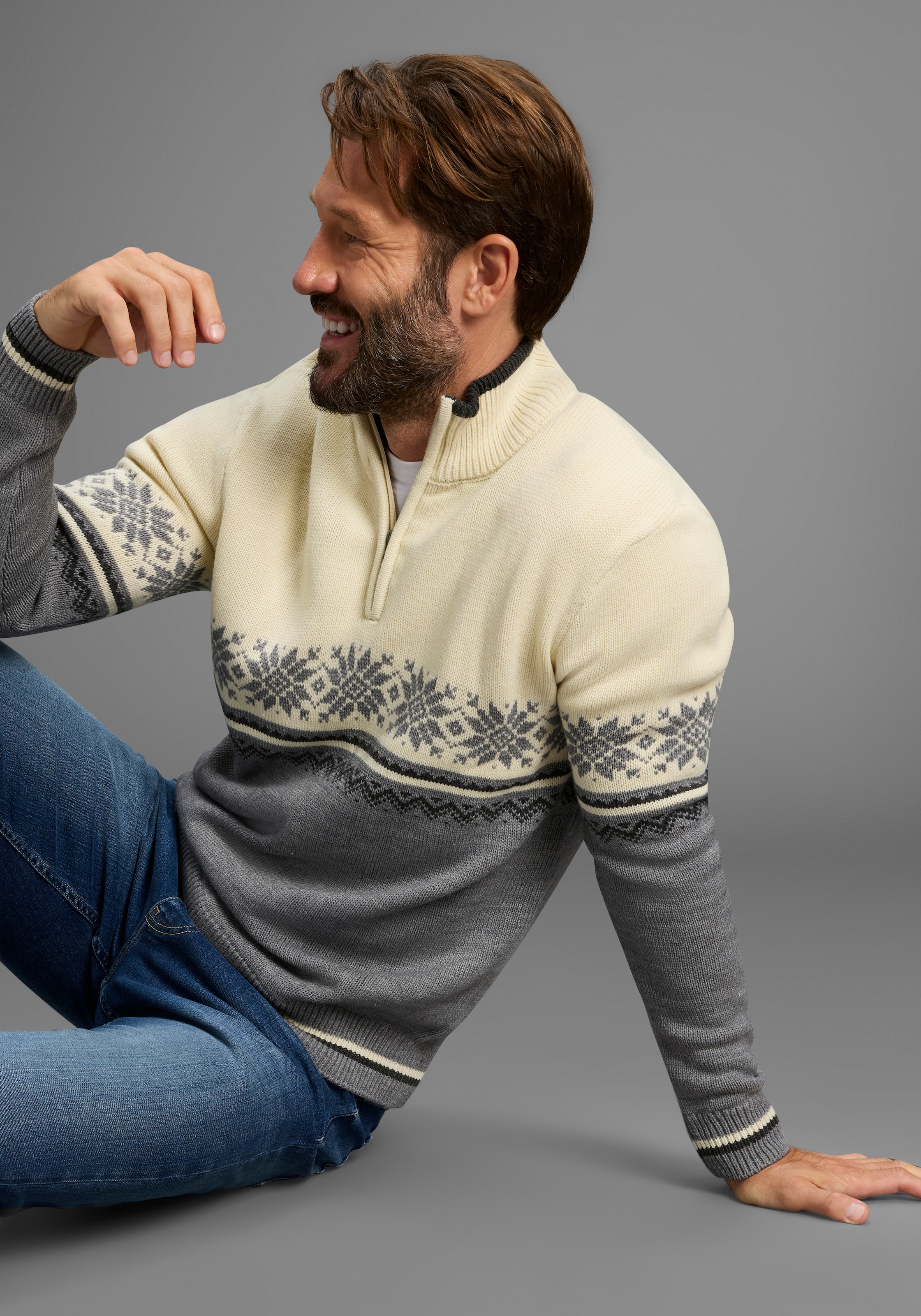 Image of Mans World Troyer "Highlight Norweger Muster" aus Strickmaterial, Regular Fit, mit Langarm, lässiger Casual-Look