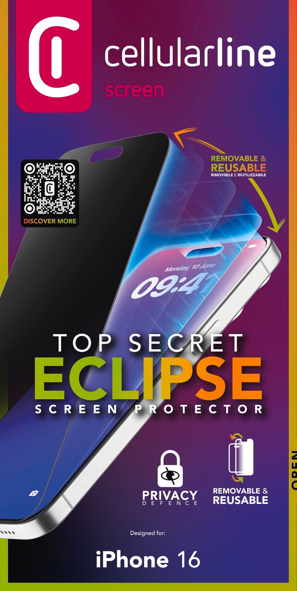 Cellularline Displayschutzglas »TOP SECRET ECLIPSE Screen Protector«, für Apple iPhone 16, Blickschutzfolie, Schutzfolie, Bildschirmschutz, kratz- & stossfest