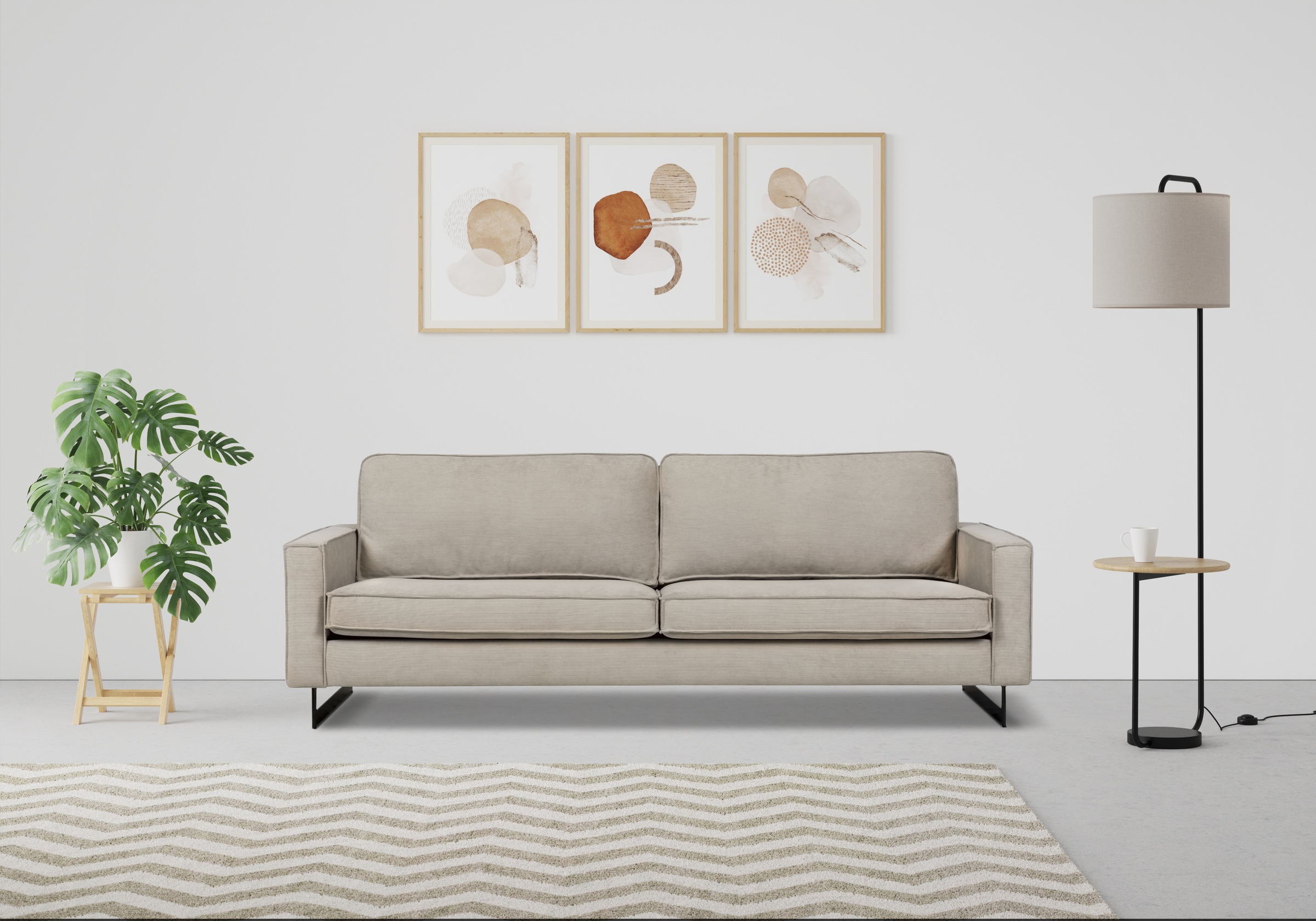 Places of Style 3-Sitzer »Maxi-Ausführung Pinto, 236 cm, Cord, Chenille, Lederoptik«, mit Keder, schwarze Metallfüsse, Wellenunterfederung