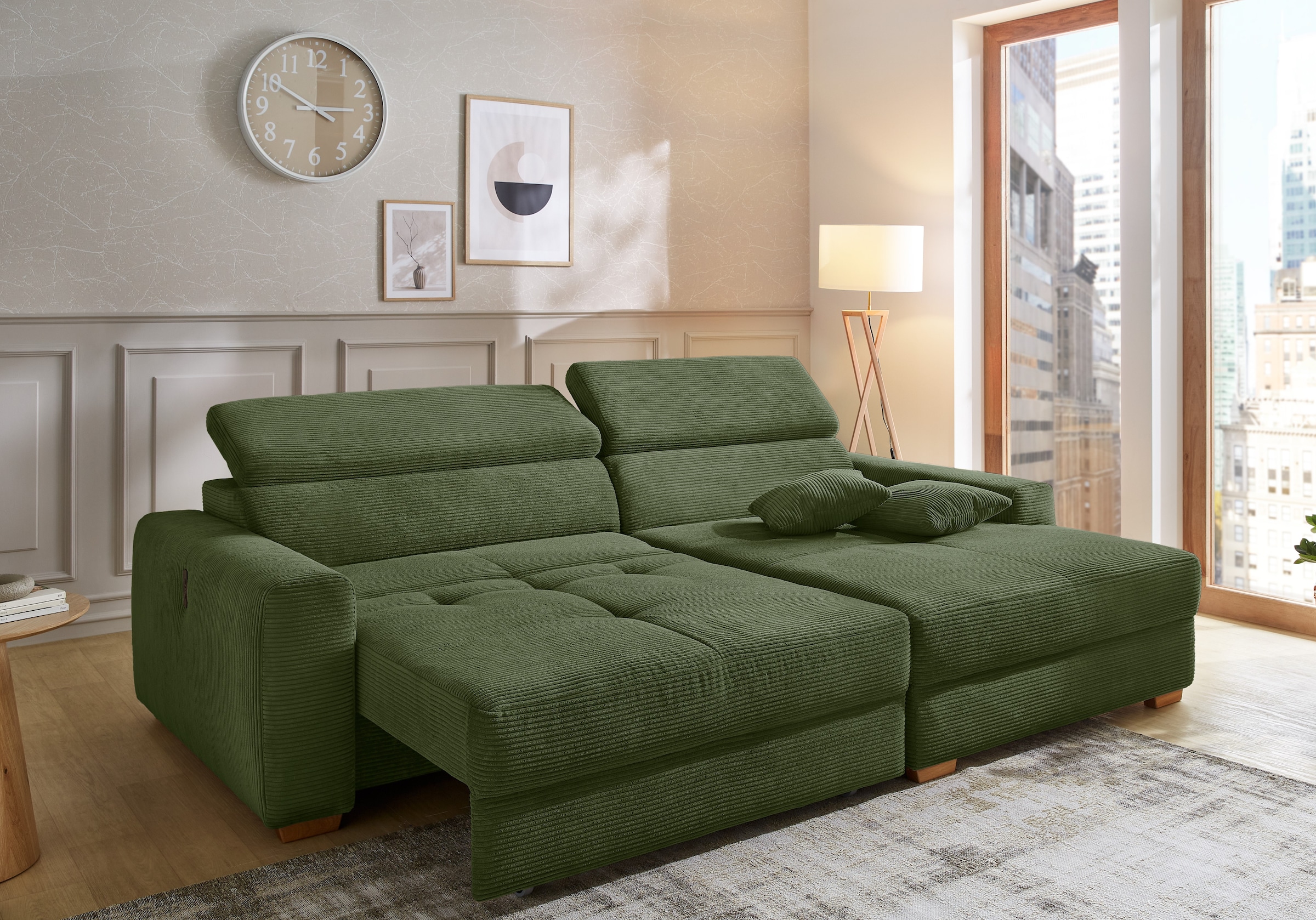 Jockenhöfer Gruppe Ecksofa »Slider L-Form, B: 277 cm Couch, 60cm elektrische Sitztiefenverstellung« 140kg Belastbarkeit, USB-Anschluss, Kopfteilverstellung & Zierkissen