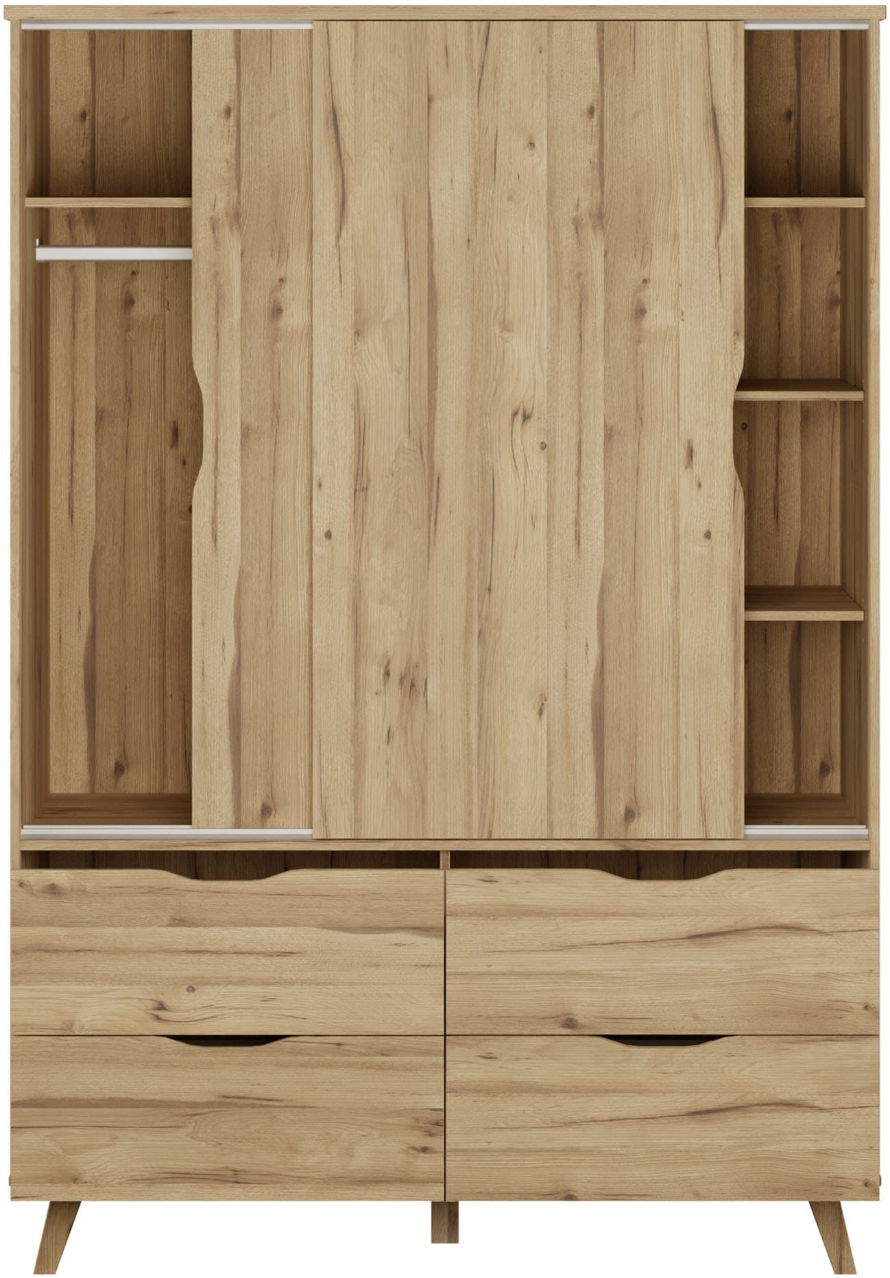 FORTE Schiebetürenschrank »Vankka Viel Stauraum, skandinavischer Stil« B/H/T ca.140x200x50cm,  Made in Europe, mit Einlegeböden+Kleiderstange+Schubladen,grifflos