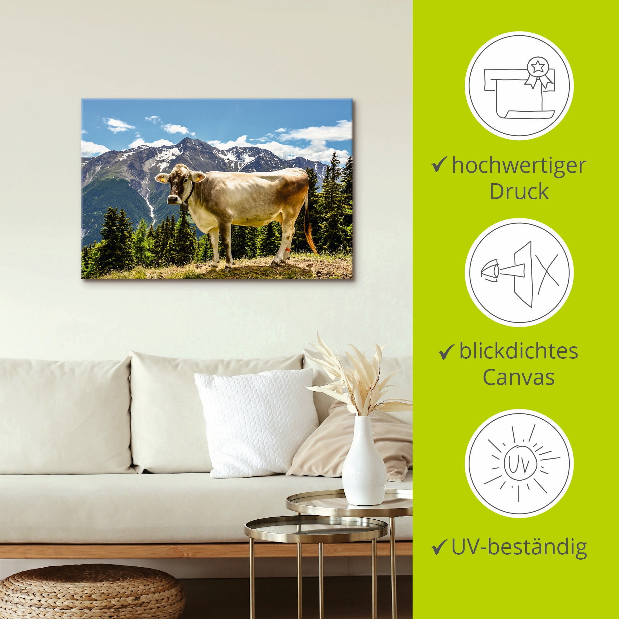 Artland Wandbild »Bergkuh in den Alpen im Sommer«, Haustiere, (1 St.), als Leinwandbild, Poster, Wandaufkleber in verschied. Grössen