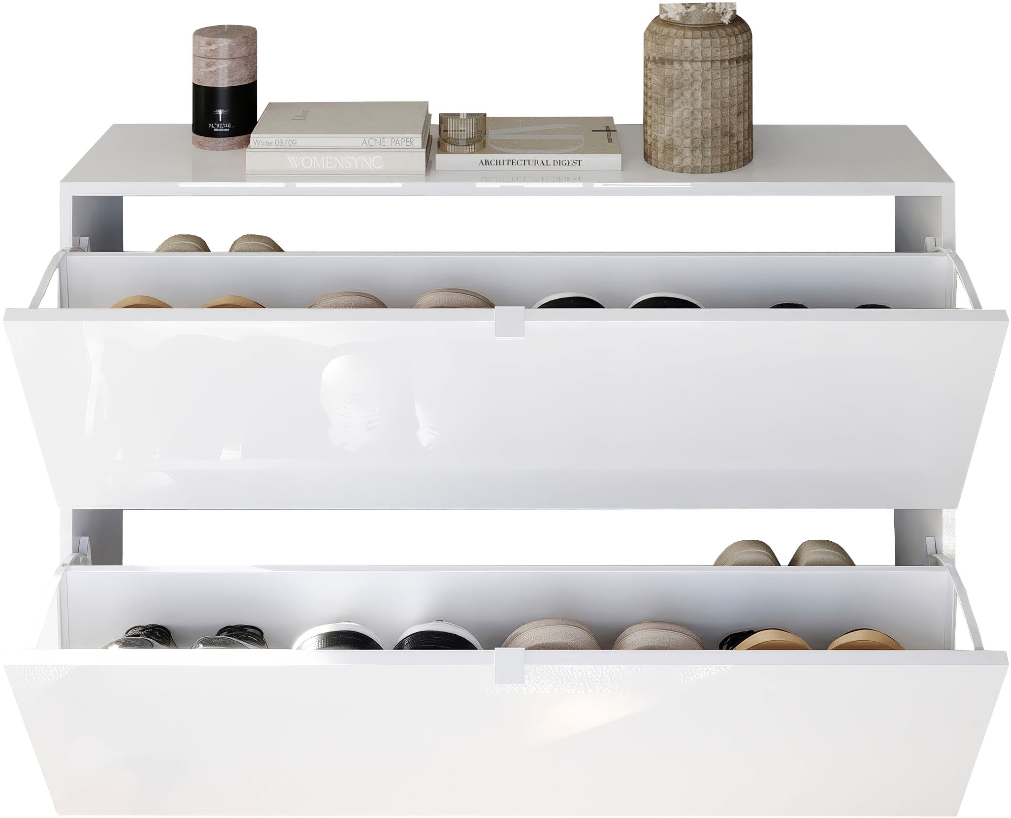 INOSIGN Schuhschrank »SMILE Breite 104 cm, 2 Klappen, komplett Weiss Hochglanz lackiert,«, Schuhkipper hängend o. stehend montierbar, 4 Fächer, Metallgriffe