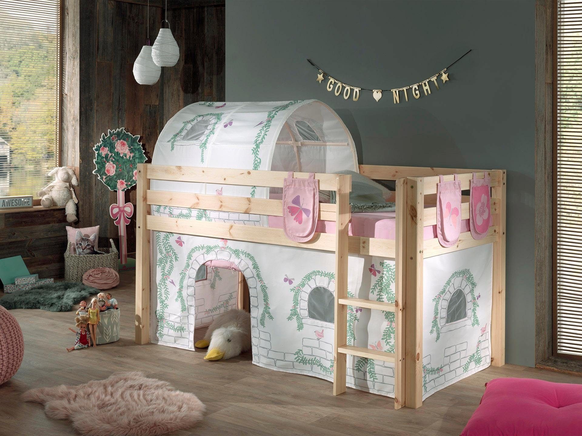 Vipack Pino Lit Compact Pin Massif Naturel + birdy rideau et tunnel de lit