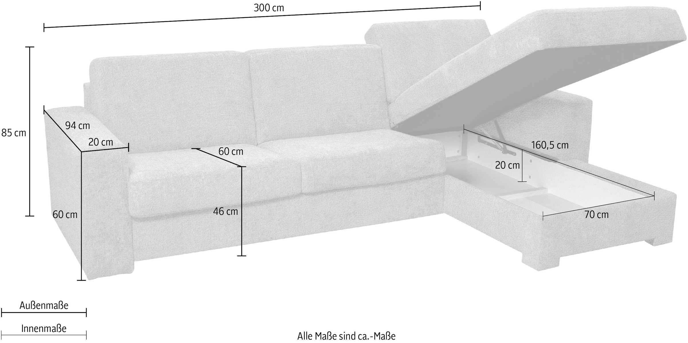 Home affaire Ecksofa Roma "L" Dauerschlaffunktion, mit Unterfederung, Matratzenhöhe 14cm, Liegemasse ca 163x198 cm, L-Form