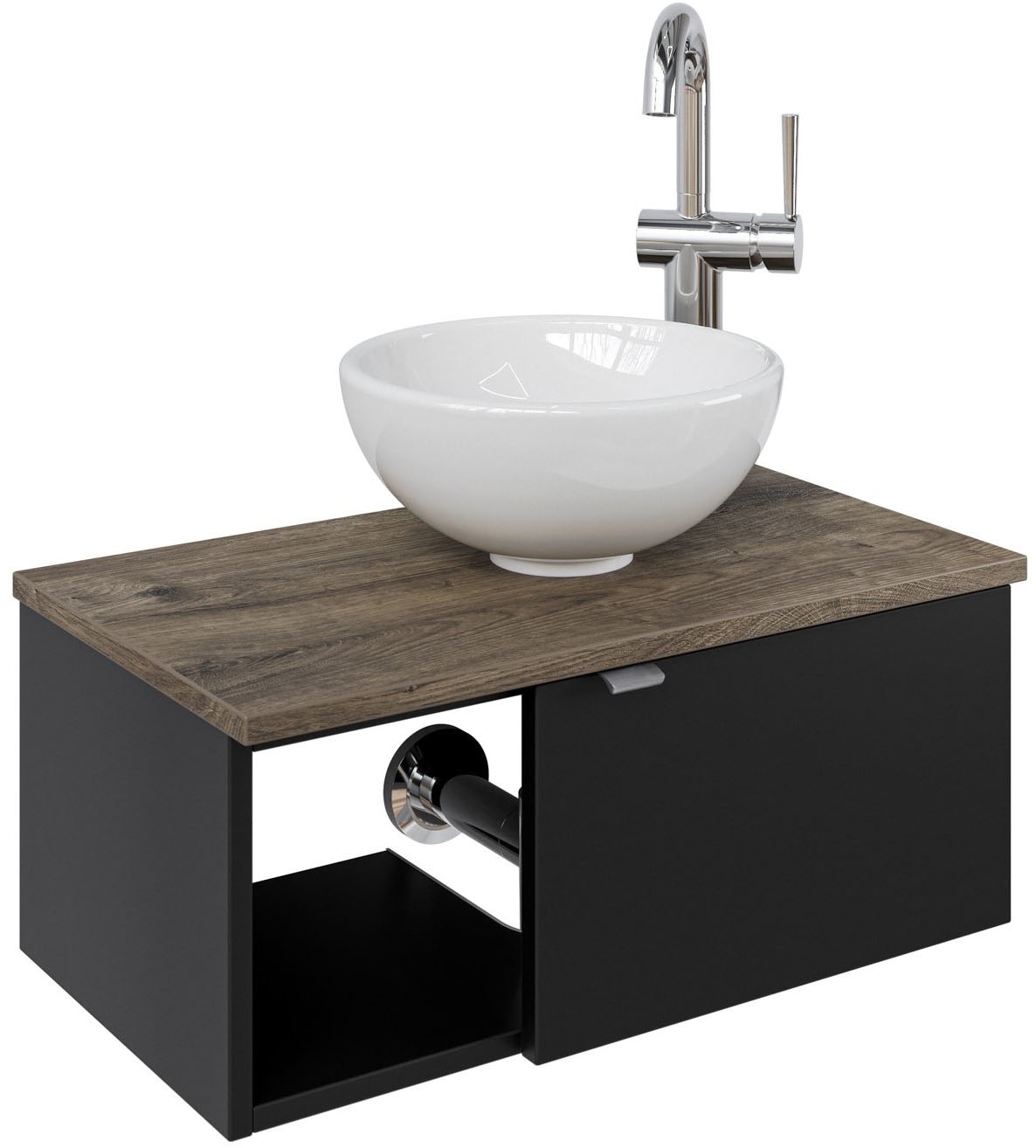 Image of Saphir Waschtisch "Serie 6915 Waschschale mit Unterschrank für Gästebad, Gäste WC" Keramik-Aufsatzbecken, Waschtischplatte, Waschtischunterschrank, 3 Stk. tlg. 61 cm mit Keramik-Aufsatzbecken, 1 Tür und 1 Fach
