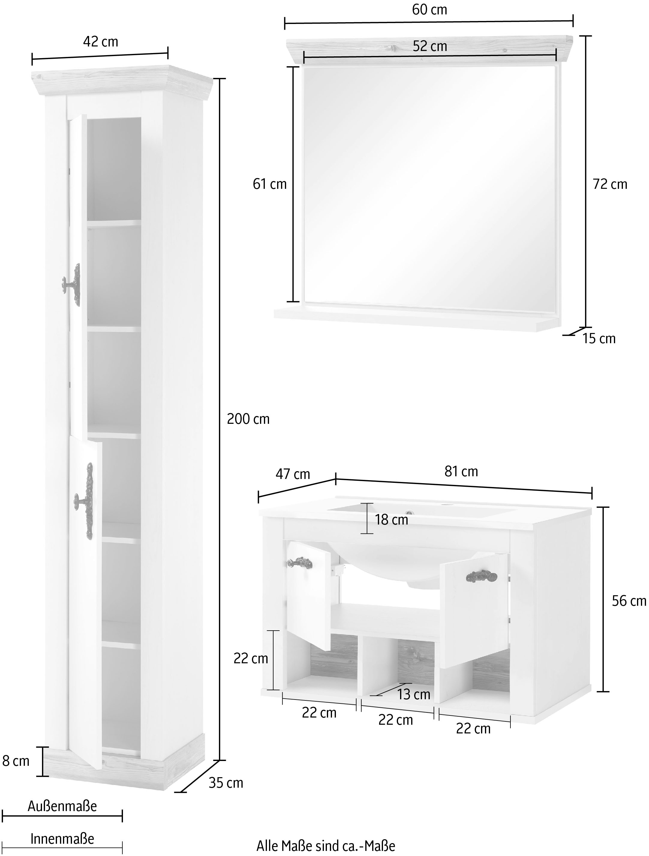 Home affaire Badmöbel-Set »Florenz, Bad im Landhausstil, 3-teiliges Badezimmer«, (3 St.), Hänge-Waschtisch, Schrank und Spiegel, in Pinie Weiss, Stauraum