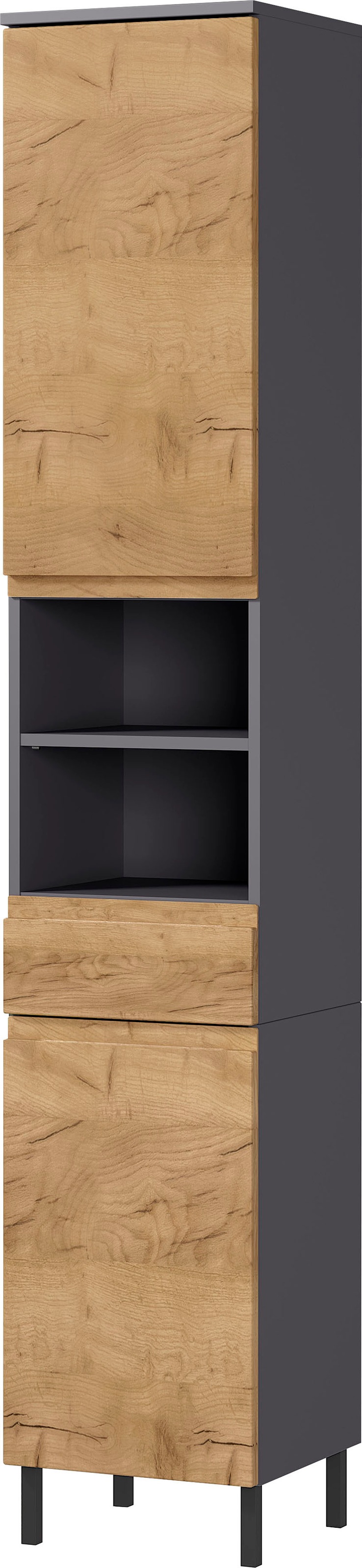 Image of GERMANIA Hochschrank »Scantic«, Breite 34 cm, Badezimmerschrank, 2 Türen, 1 Schubkasten, 2 offene Fächer, Türdämpfer, verstellbare Einlegeböden, grifflose Optik, MDF-Fronten bei Ackermann Versand Schweiz
