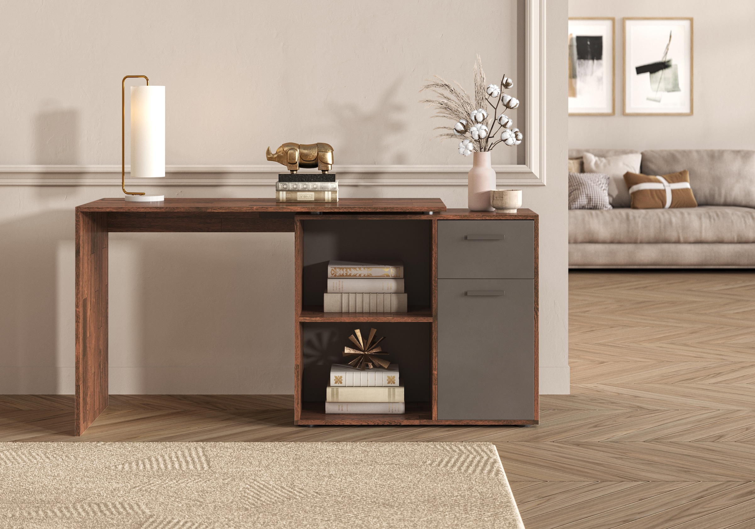 FMD Eckschreibtisch »AUGSBURG«, Schreibtisch/Sideboard m. Stauraum, beidseitig montierb., 117/148 cm
