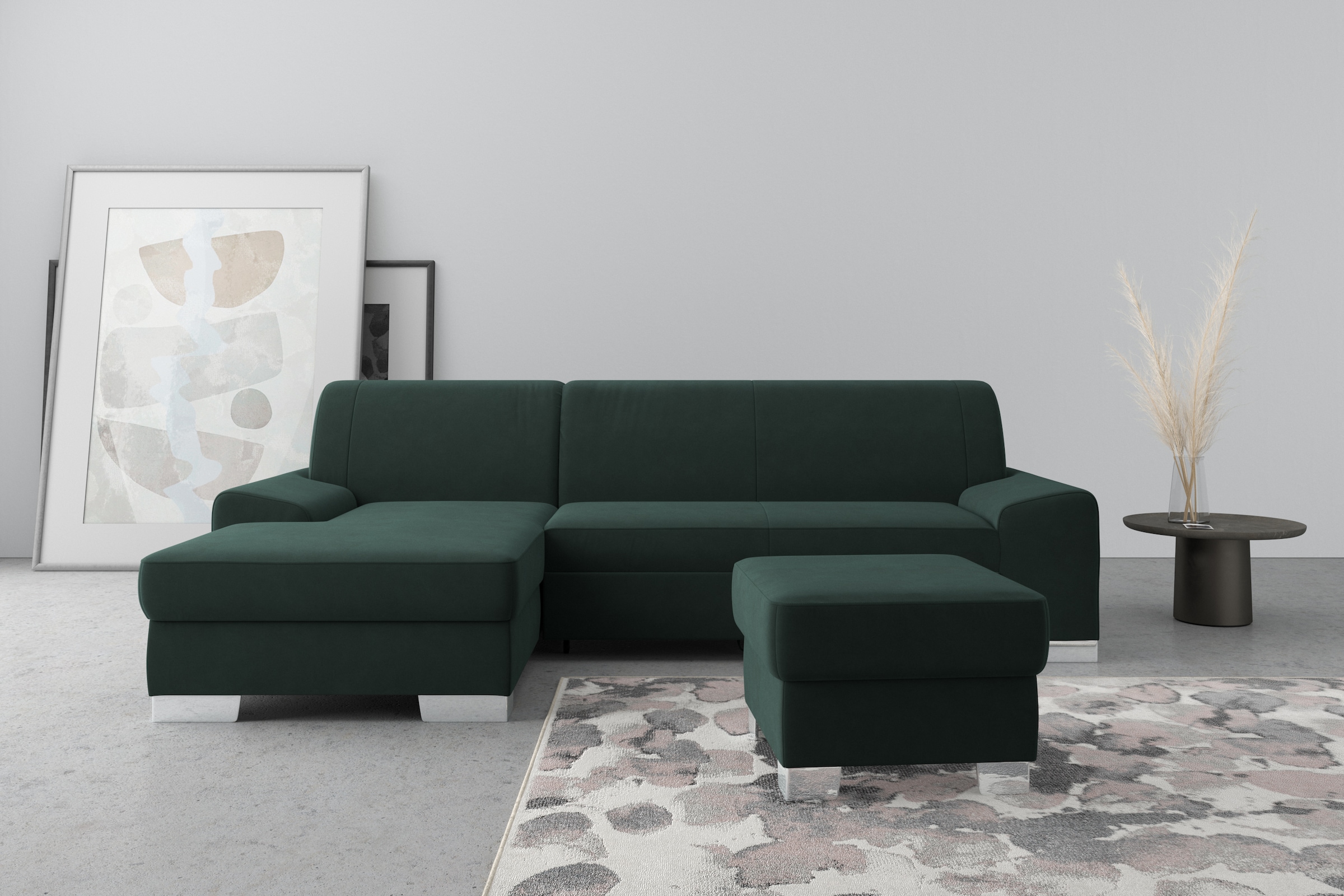 Image of DOMO collection Ecksofa "Anzio L-Form, whlw. Bettfunktion, Federkern, hochwertig, Breite 271 cm" Mit Bettfunktion, Recamiere links, Samtoptik, grün