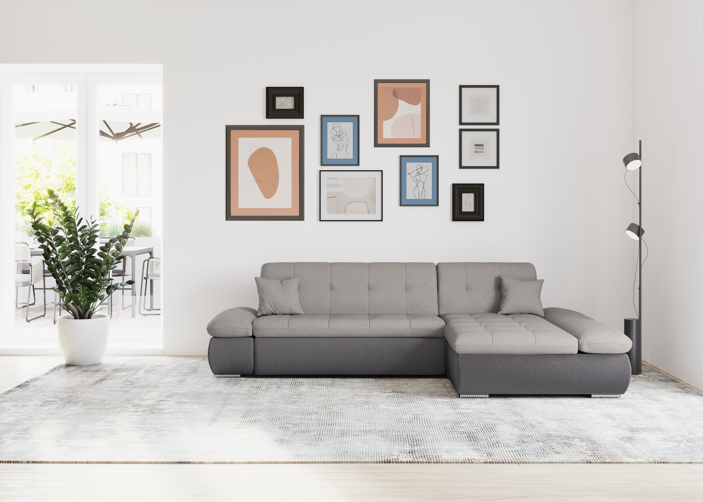 Image of DOMO collection Ecksofa "MORIC 300x172 cm, XXL-Sofa mit viel Platz, L-Form, auch in Cord" wahlweise mit Bettfunktion und Armteilverstellung, grau-silber