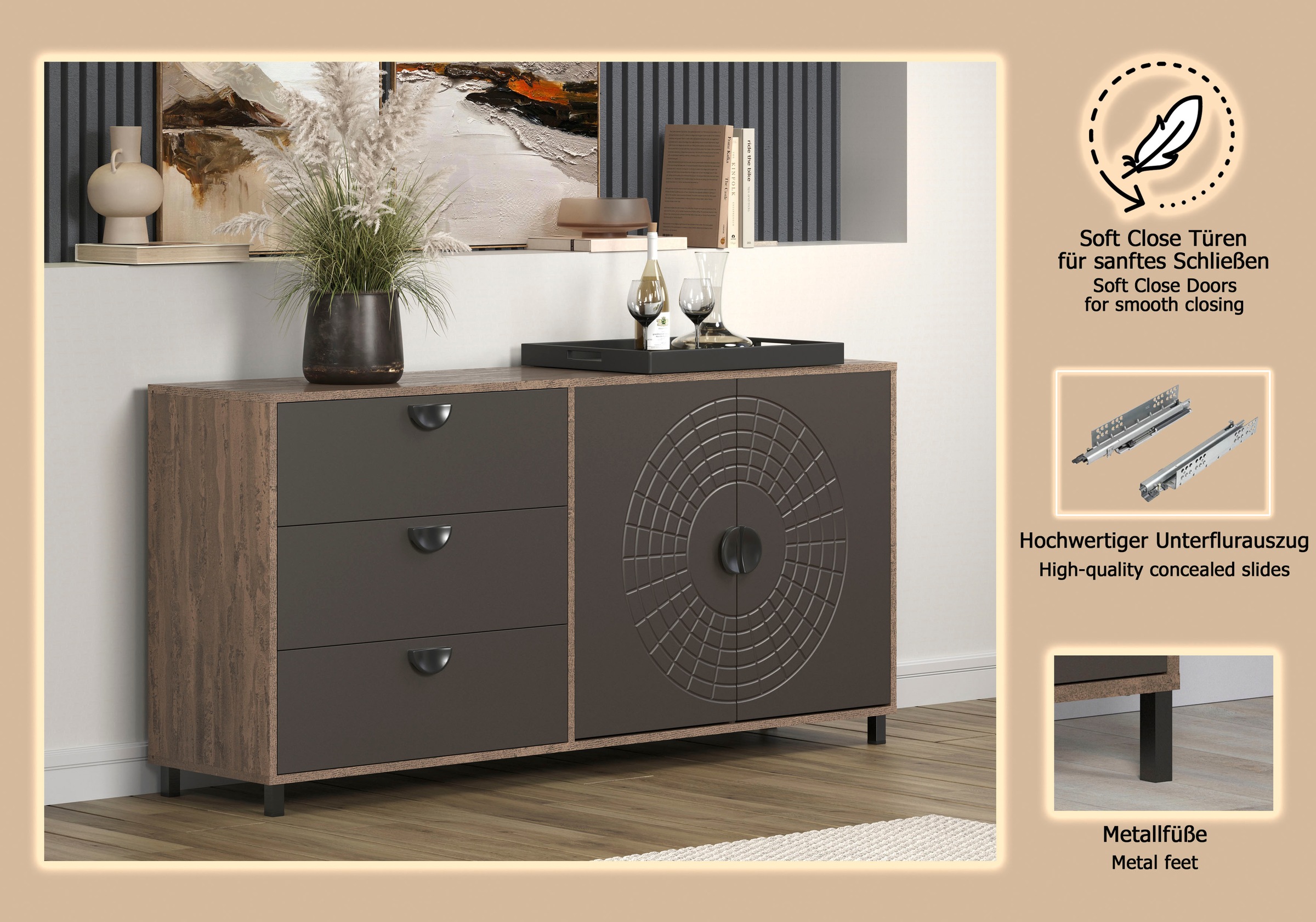 INOSIGN Sideboard »Fusion« 1 Stk. tlg. Kommode mit markantem Kreismuster - Antikoptik - (B/T/H) 176/42/86 cm