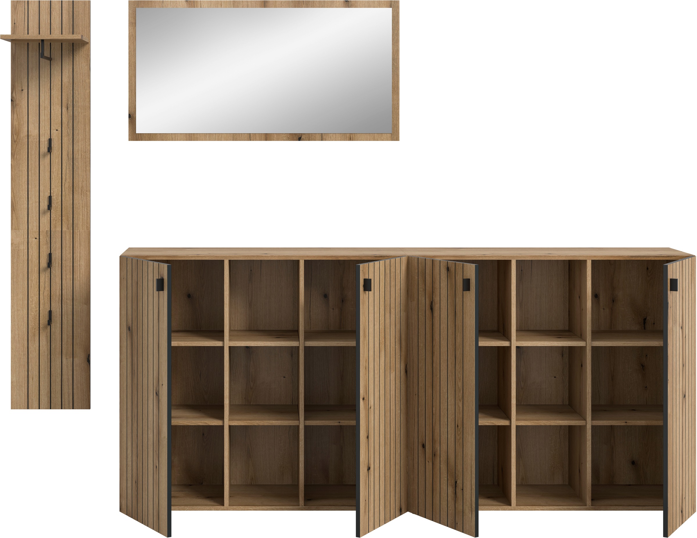 Home affaire Garderoben-Set »TATIO, 4-tlg. Garderobenkombination, Breite: 258 cm, Rillenfräsung« Set, Set, best. aus: 1 Spiegel, 1 Garderobenpaneel, 2 Schuhkommoden, 4 Stk. tlg.