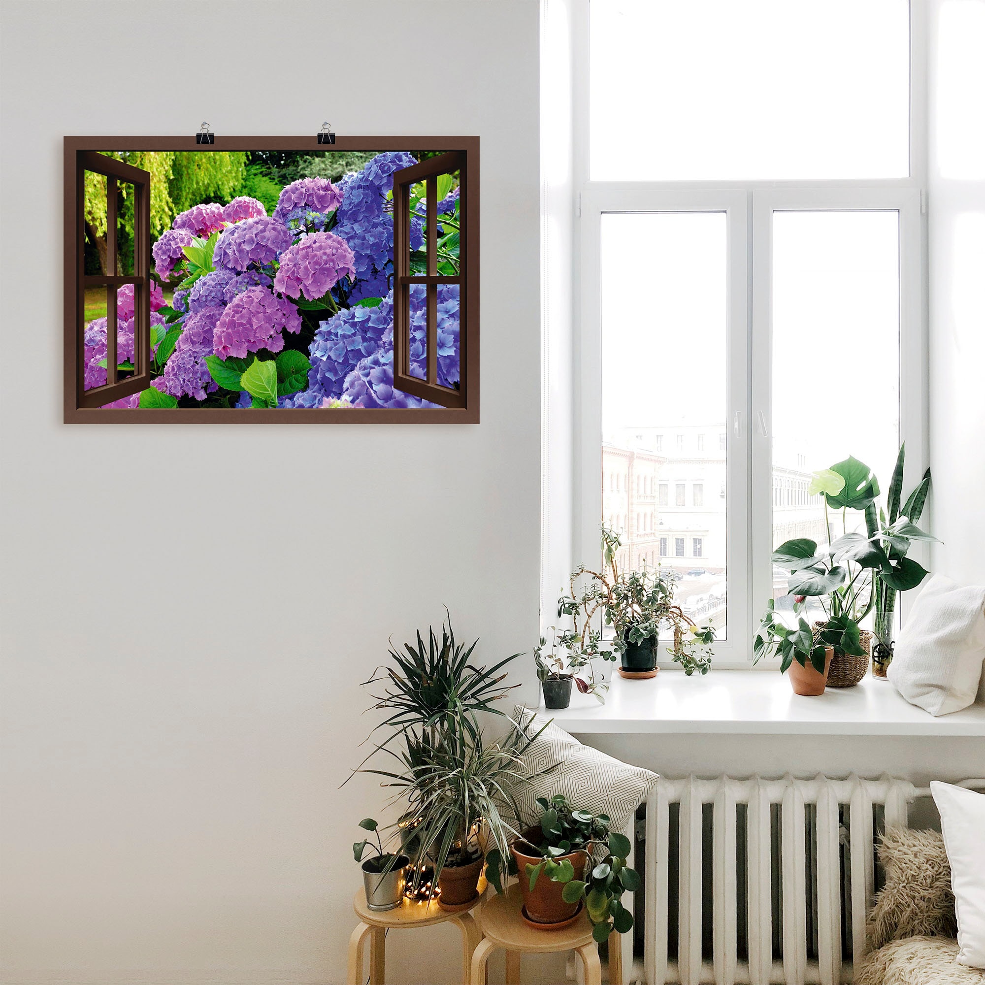 Artland Wandbild »Fensterblick - Hortensien im Garten«, Blumen, (1 St.), als Leinwandbild, Poster in verschied. Grössen