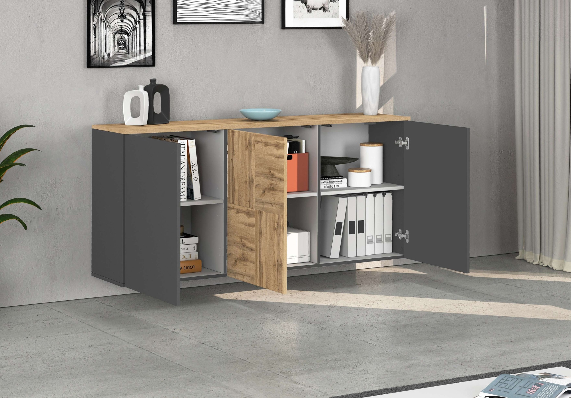 GOODproduct Sideboard »ISEO, Kommode, Schrank, Sideboard, Lowboard, 6 Fächer, Breite 150 cm« 1 Stk. tlg. stehend/hängend, 3 Türen, 6 Fächer, Breite 150 cm