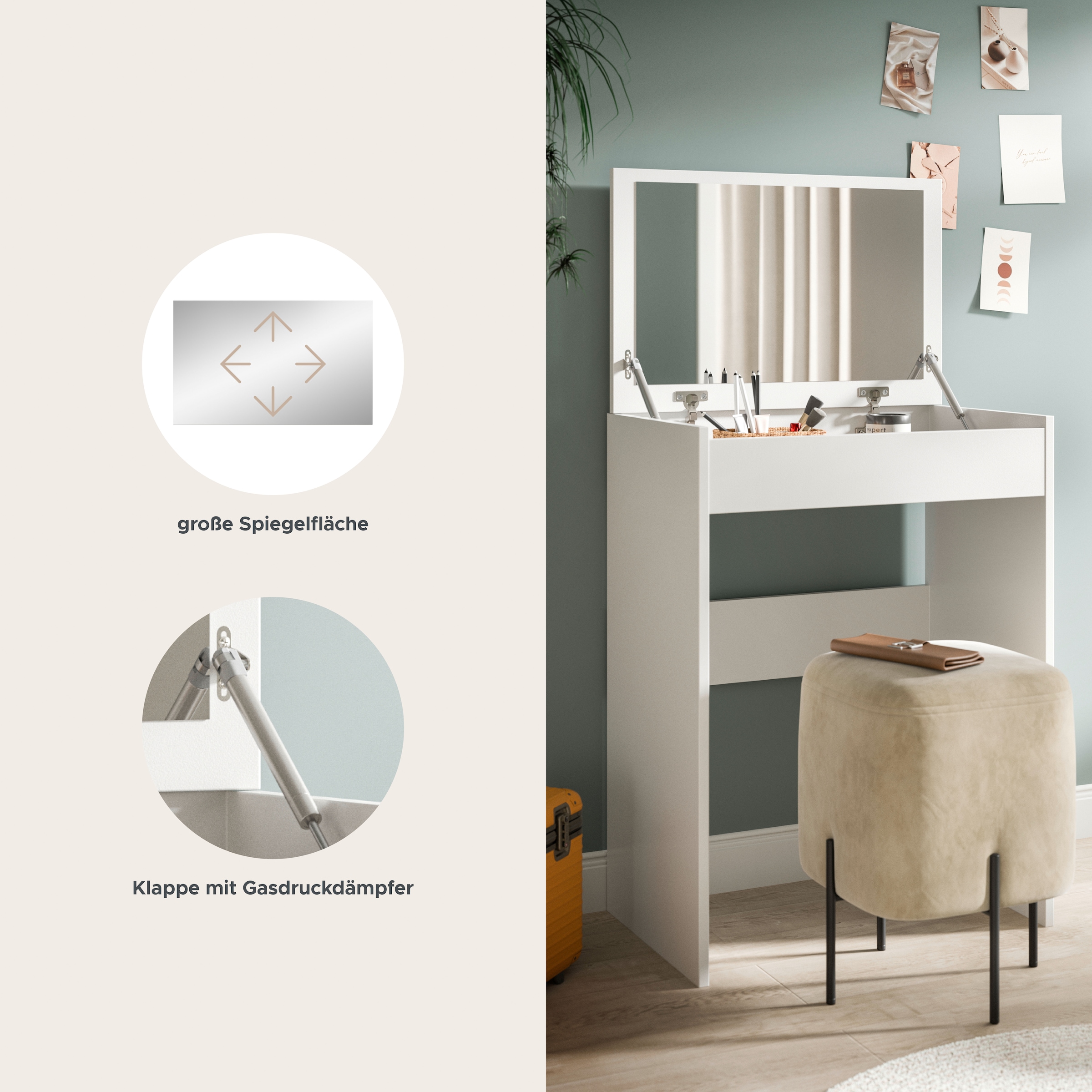 welltime Coiffeuse »MIRA, Breite 62cm, aufklappbar mit Innenspiegel & Stauraumfach« Kosmetiktisch, Frieserkommode, Schreibtisch, Home-Office-Schreibtisch
