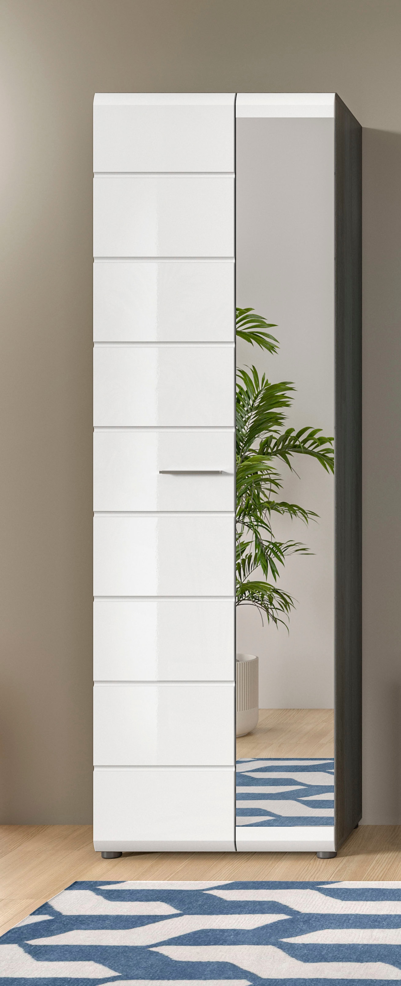 Image of Home affaire Garderobenschrank "Rumba, Höhe 192 cm, 1 Hochglanz Tür, 1 Spiegeltür, 4 Einlegeböden," 1 Kleiderstange, Stauraumschrank, Flurschrank, Flurmöbel