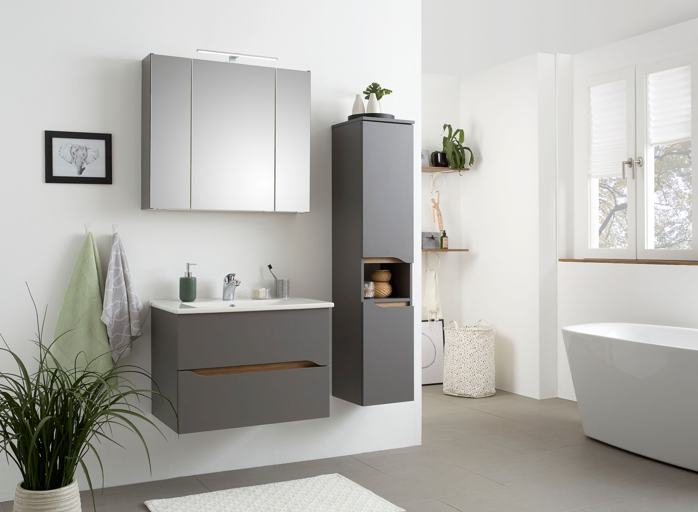 Saphir Waschtisch »Quickset Keramikwaschtisch mit Unterschrank, 75 cm breit« Waschplatz, Unterschrank mit Waschbecken, 2 Schubladen, grifflos