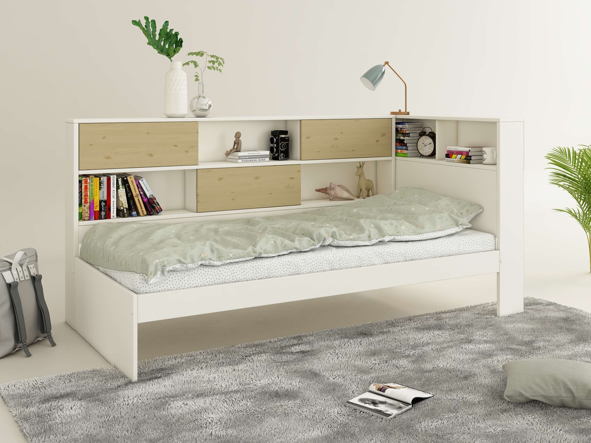 Home affaire Stauraumbett »Amance, Massivholz mit MDF, viel Stauraum, ideal für kleine Räume«, (Aussenmasse B/T/H: 110,2/220,1/106,9 cm), FSC® zertifiziert, inklusive Lattenrost, Made in EU