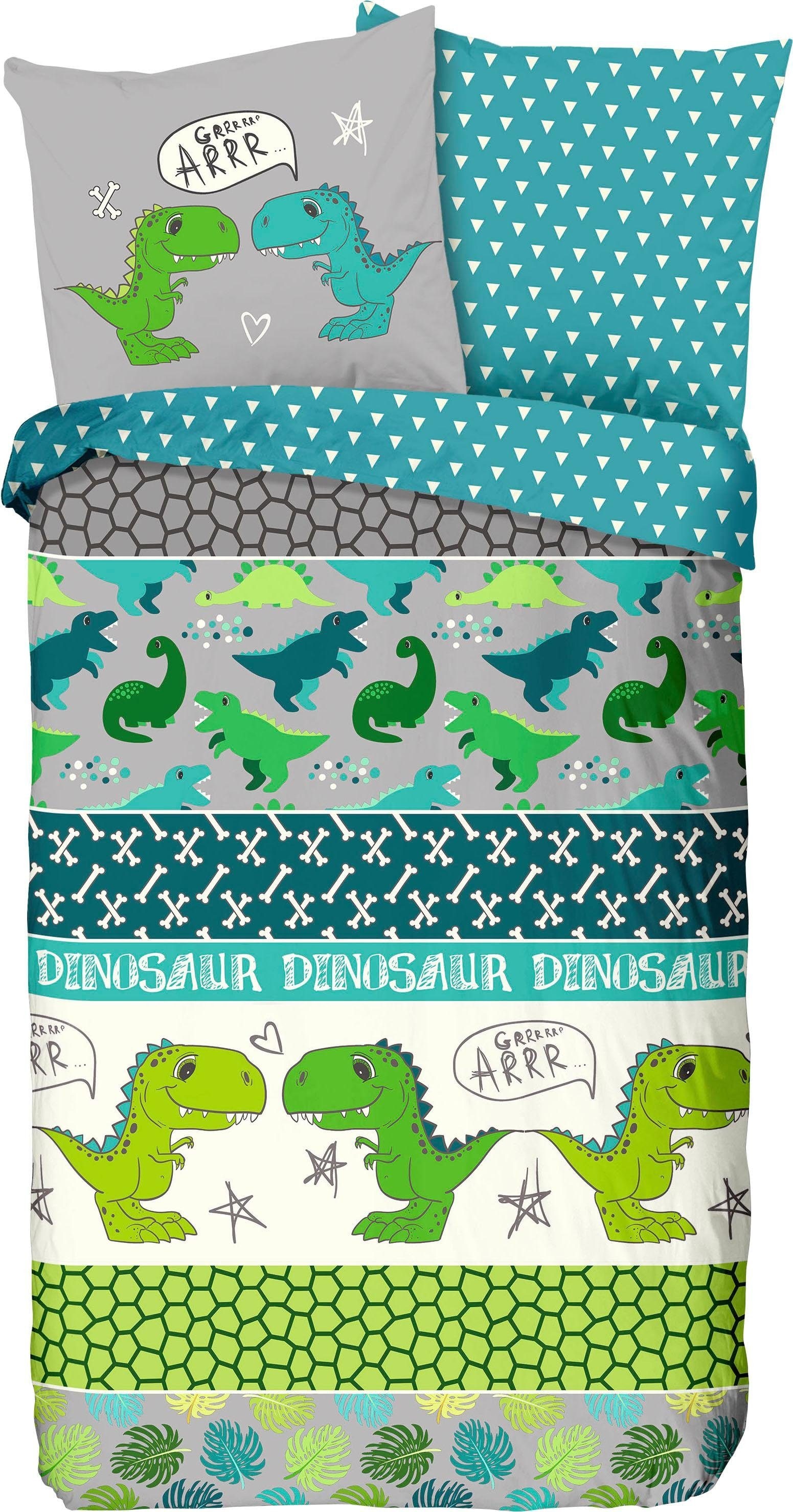 good morning Kinderbettwäsche »Dinosaur«, Baumwolle, 135x200, Reissverschluss, Wendeoptik, Kind, Junge, Dino Grün