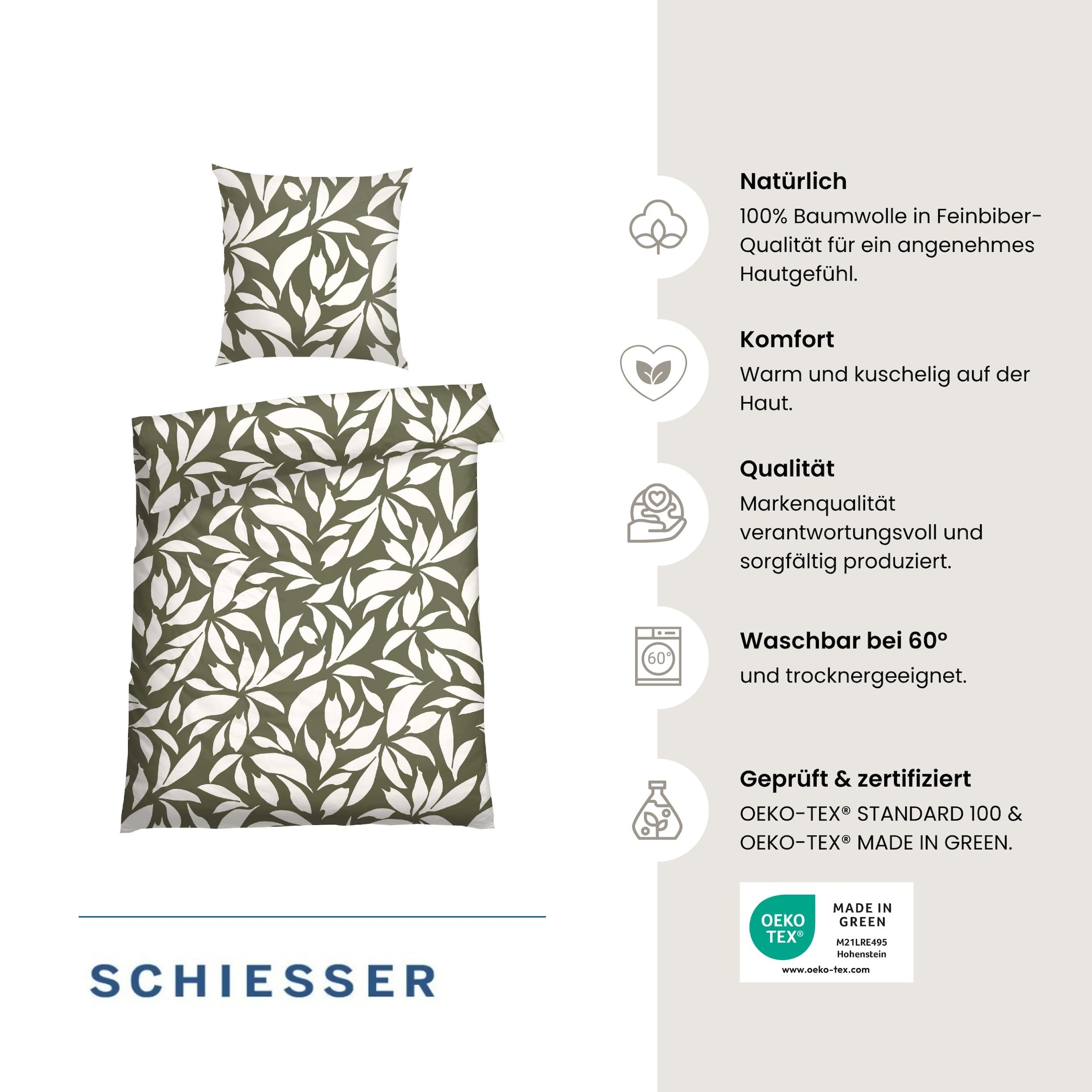 Schiesser Linge de lit »Leaf aus weichem Baumwoll-Feinbiber mit floralem Muster« 2 cuis Made in Green